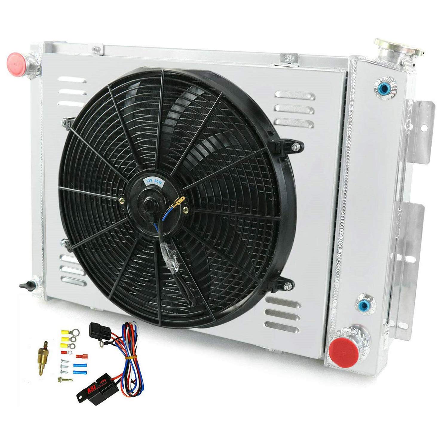 ALLOYWORKS 3 Row All Aluminum Radiator with Shroud Fan & Thermostat for 1967-1969 Chevy Camaro/Pontiac Firebird | High Performance Cooling System Upgrade for Classic Muscle Cars