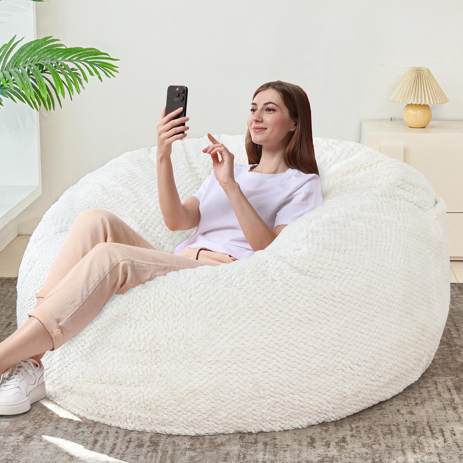 MAXYOYO Velvet Bean Bag Bed with Faux Fur Removable Cover - Convertible Bean Bag Chair to Bed for Living Room & Bedroom (Beige) - Perfect for Lounging, Gaming & Small Space Living