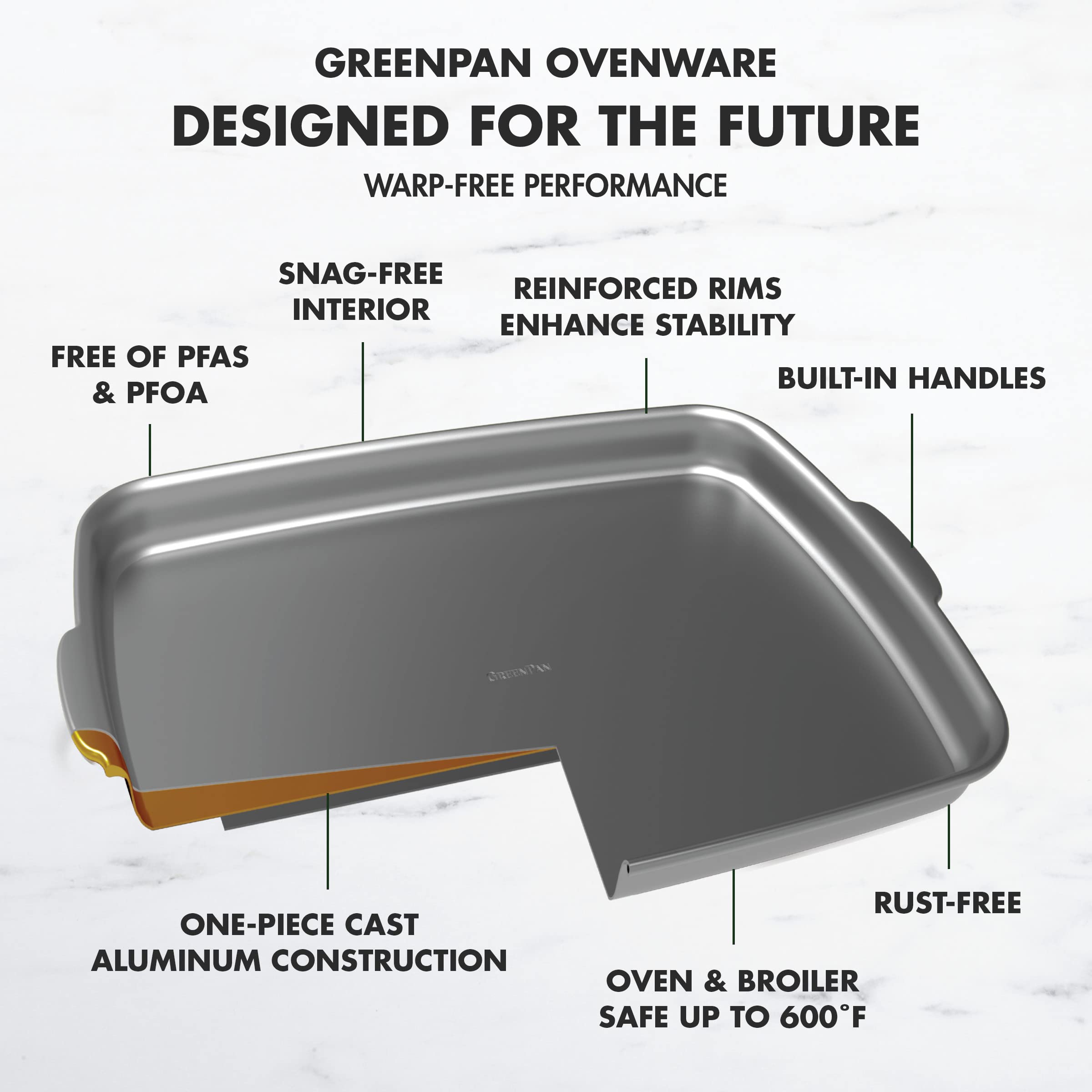 GreenPan Premiere Healthy Ceramic Nonstick 4-Piece Bakeware Set - PFOA & PFAS-Free, Warp-Resistant Baking Pans (Rectangular, Square, Quarter & Half Sheet) - Oven Safe to 600°F & Dishwasher Safe - Perfect for Baking Cookies, Cakes, Roasts & Meal Prep - Gray