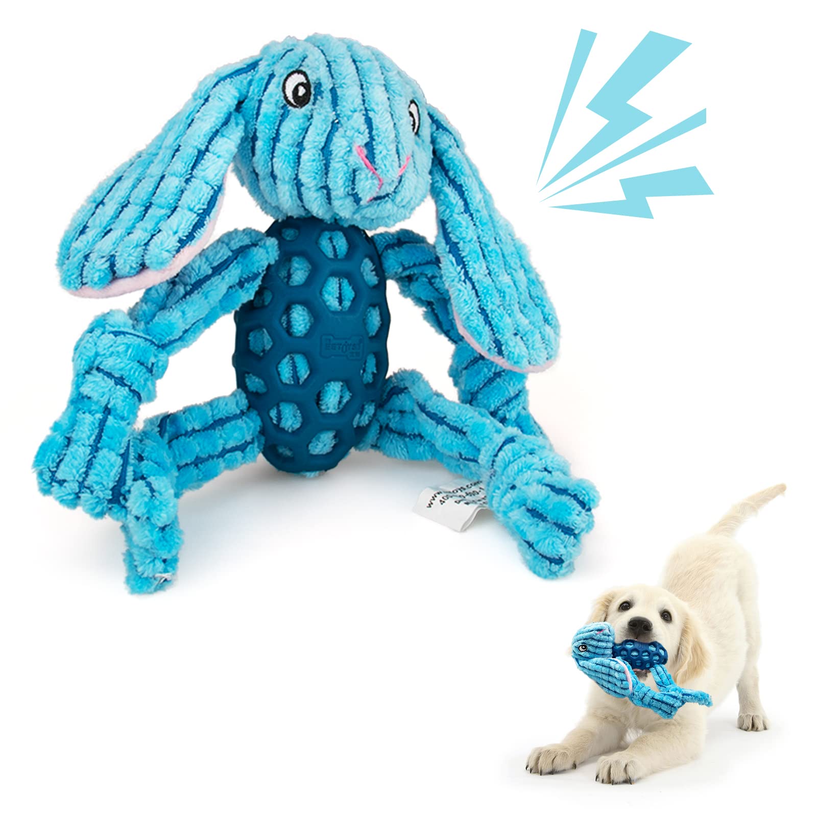 **Crinkle Dog Toys for Large Medium Small Dogs - Durable Rubber Chew Toys with Squeaker, No Stuffing Safe Pet Toy for Puppies & Adult Dogs - Interactive Play & Training (Blue Bunny)**    **Perfect for Playtime, Training, and Teething Relief - Great for Indoor & Outdoor Use!**