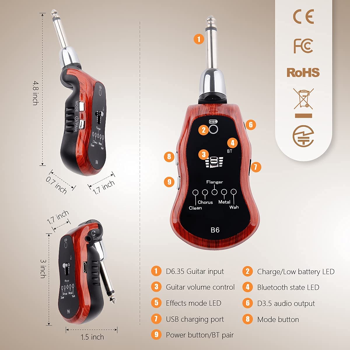 OW Portable Rechargeable Guitar Headphone Amp with Bluetooth - Pocket Guitar Amplifier for Electric Guitar, 5 Effects (Clean/Chorus/Flanger/Metal/Wah) - Perfect for Silent Practice, Home Studio & Travel
