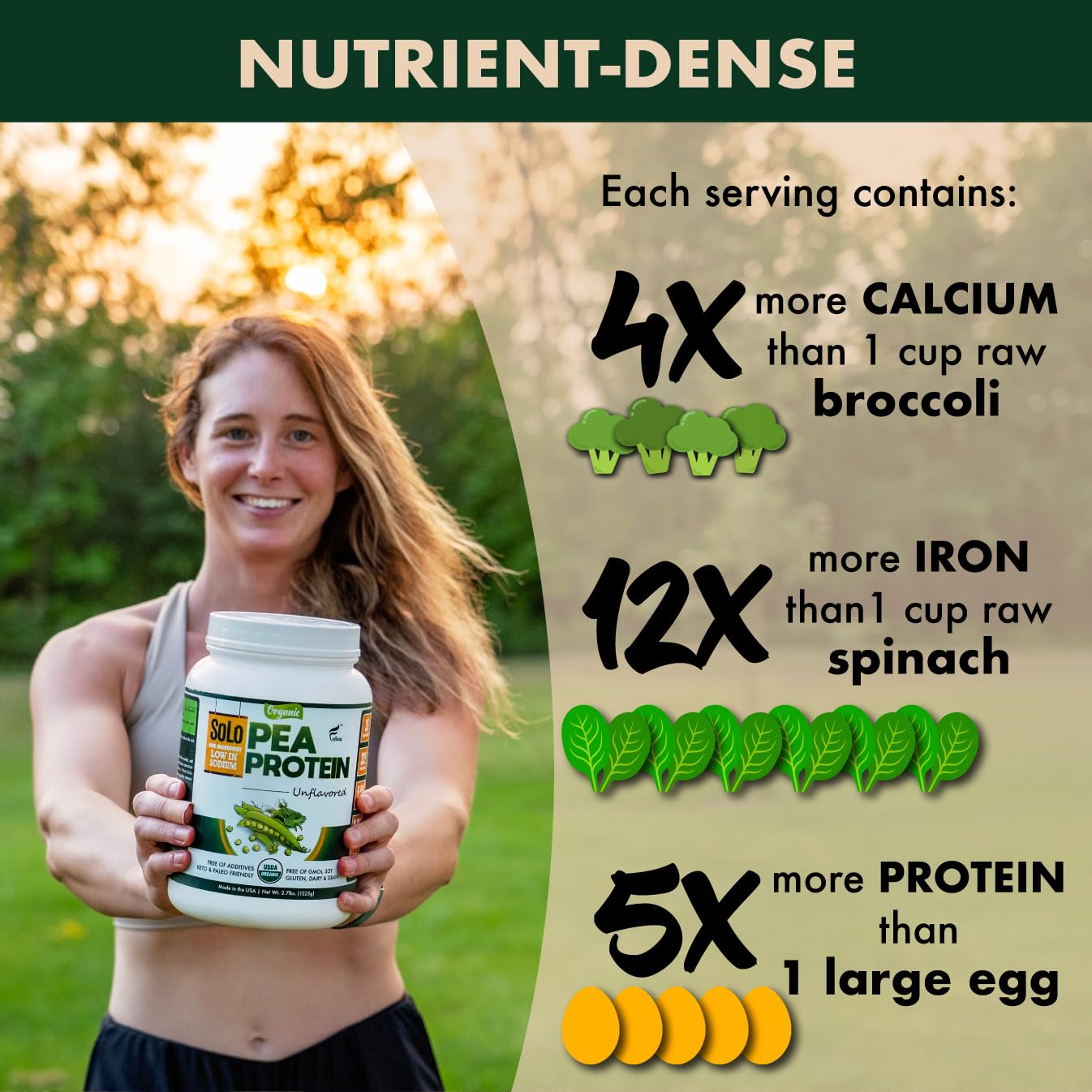 SOLO Organic Pea Protein Isolate Powder - 100% Vegan, Non-GMO, Unflavored Plant-Based Protein with BCAA - Low Sodium, Keto & Paleo Friendly, Easy to Digest - Made from Canada Grown Peas, No Additives (2.7 lbs) - Perfect for Smoothies, Baking & Post-Workout Recovery