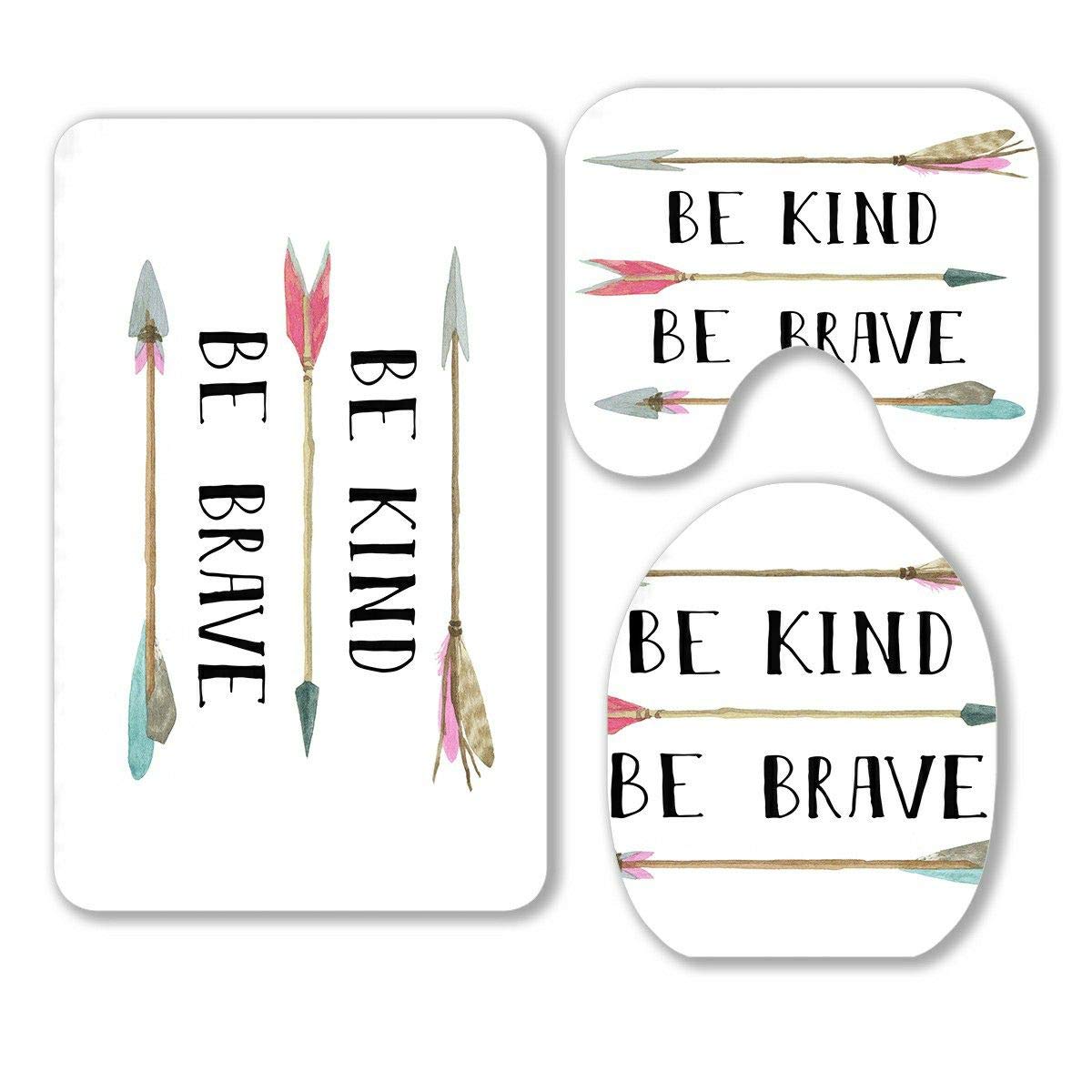 Be Kind Be Brave Tribal Quote Arrow Bohemian 3-Piece Bathroom Rug Set - Non-Slip Bath Mat, Contour Rug & Toilet Lid Cover for Boho Chic Home Decor | Perfect for Bathroom, Vanity & Guest Suite