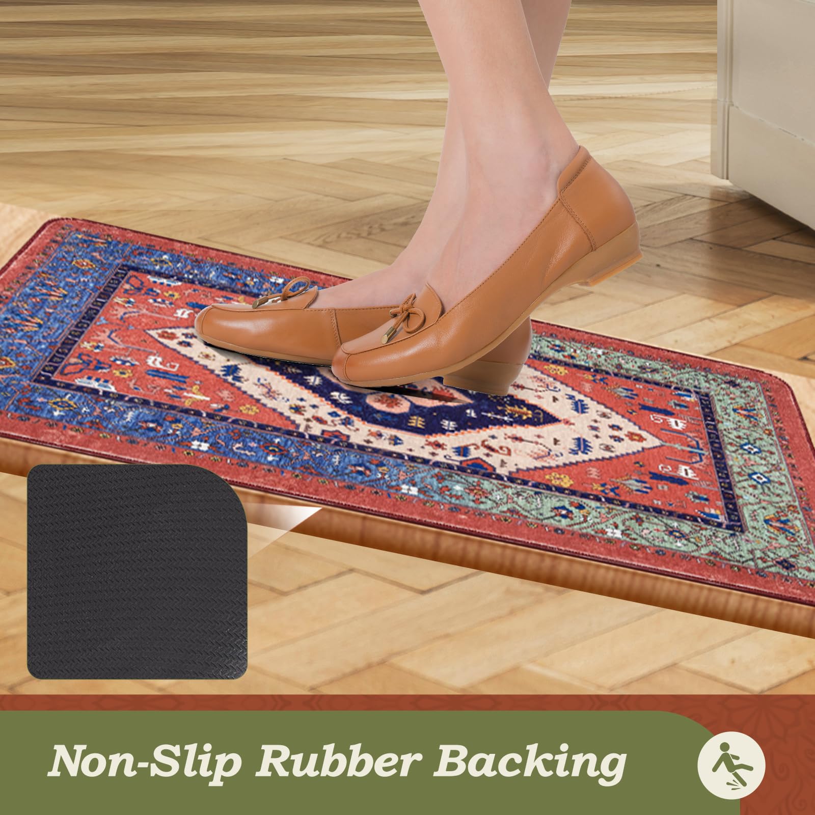 Boho Kitchen Mats Non-Slip Rubber Backing, Waterproof Washable Floor Rugs for Sink, Laundry & Farmhouse - Perfect for Kitchen, Bathroom & Entryway Decor
