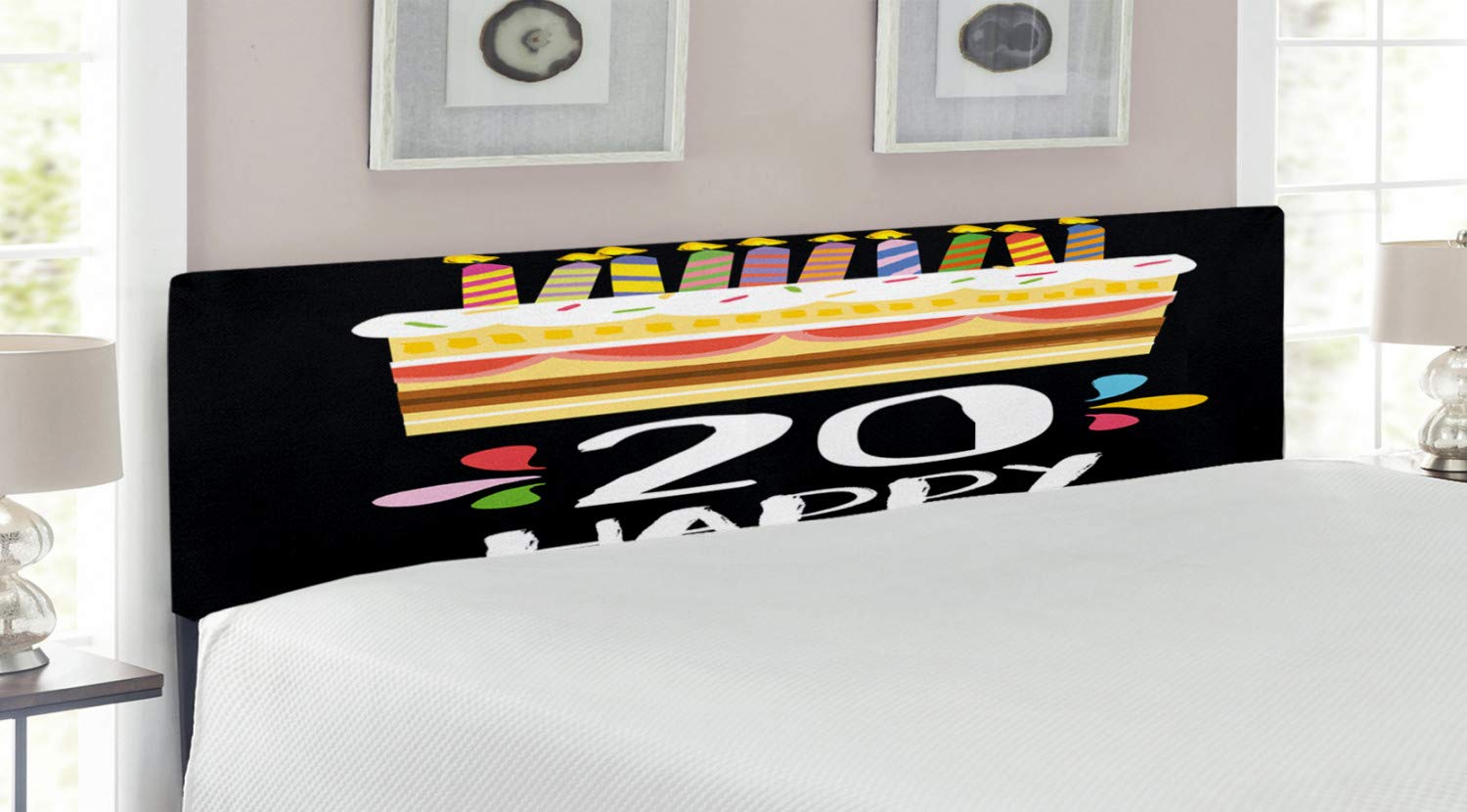 Ambesonne King Size Upholstered Headboard - Vintage Cartoon Birthday Cake Design with Candles on Black Background, Memory Foam Decorative Metal Bed Frame for 20th Birthday Party Decor | Perfect for Teen Bedroom, Dorm Room & Themed Party Decorations