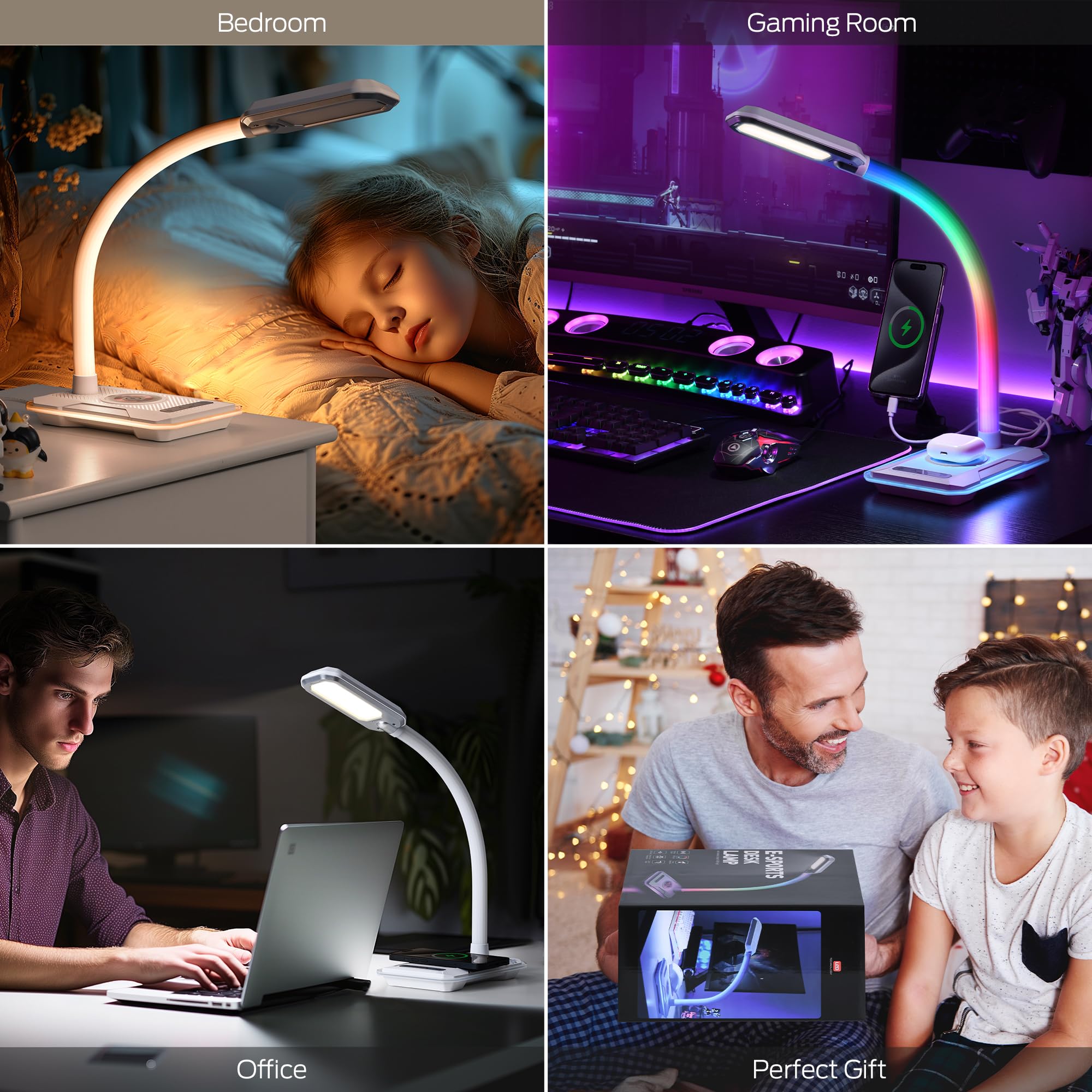 WILIT LED Desk Lamp with Wireless Charger & USB Port - RGB Color Changing Gaming Light, Touch Control, Dimmable 3 Color Temperatures - Perfect for Home Office, Gaming Setup & Nightstand Use (White)