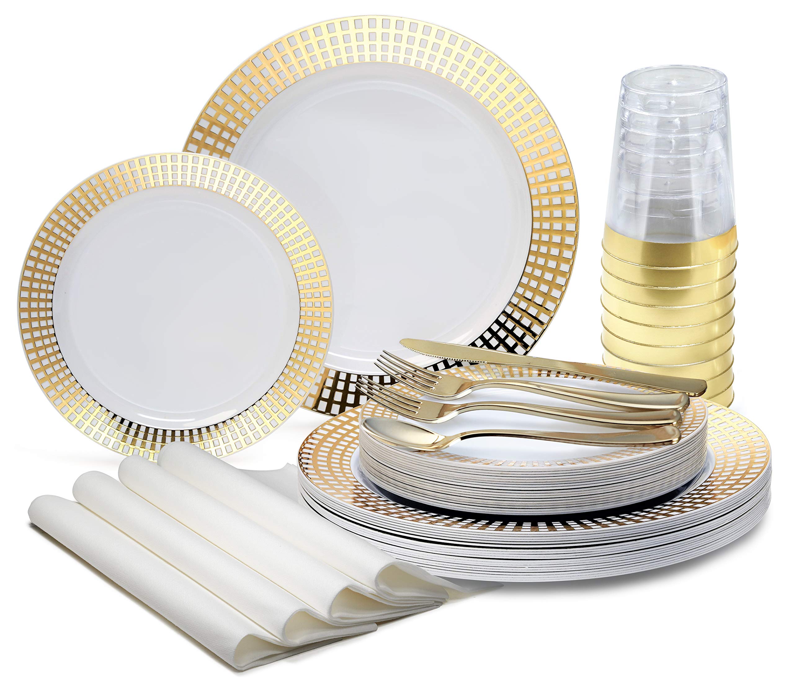 640-Piece Disposable Plastic Plate Set for 80 Guests - Wedding & Party Dinnerware (10.25'' & 7.5'' Plates, Silverware, Cups, Napkins) - Elegant Princess White & Gold - Perfect for Weddings, Bridal Showers & Banquets