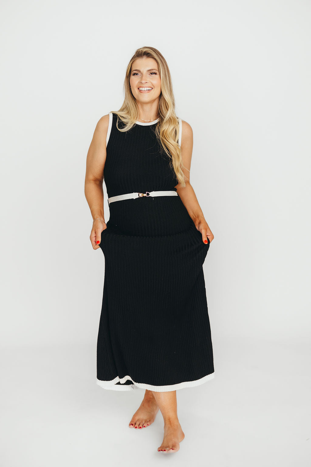 Drew Sleeveless Ribbed Knit Midi Dress - Black & White | Women's Stretchy Bodycon Dress for Casual Outings, Date Nights & Summer Vacations
