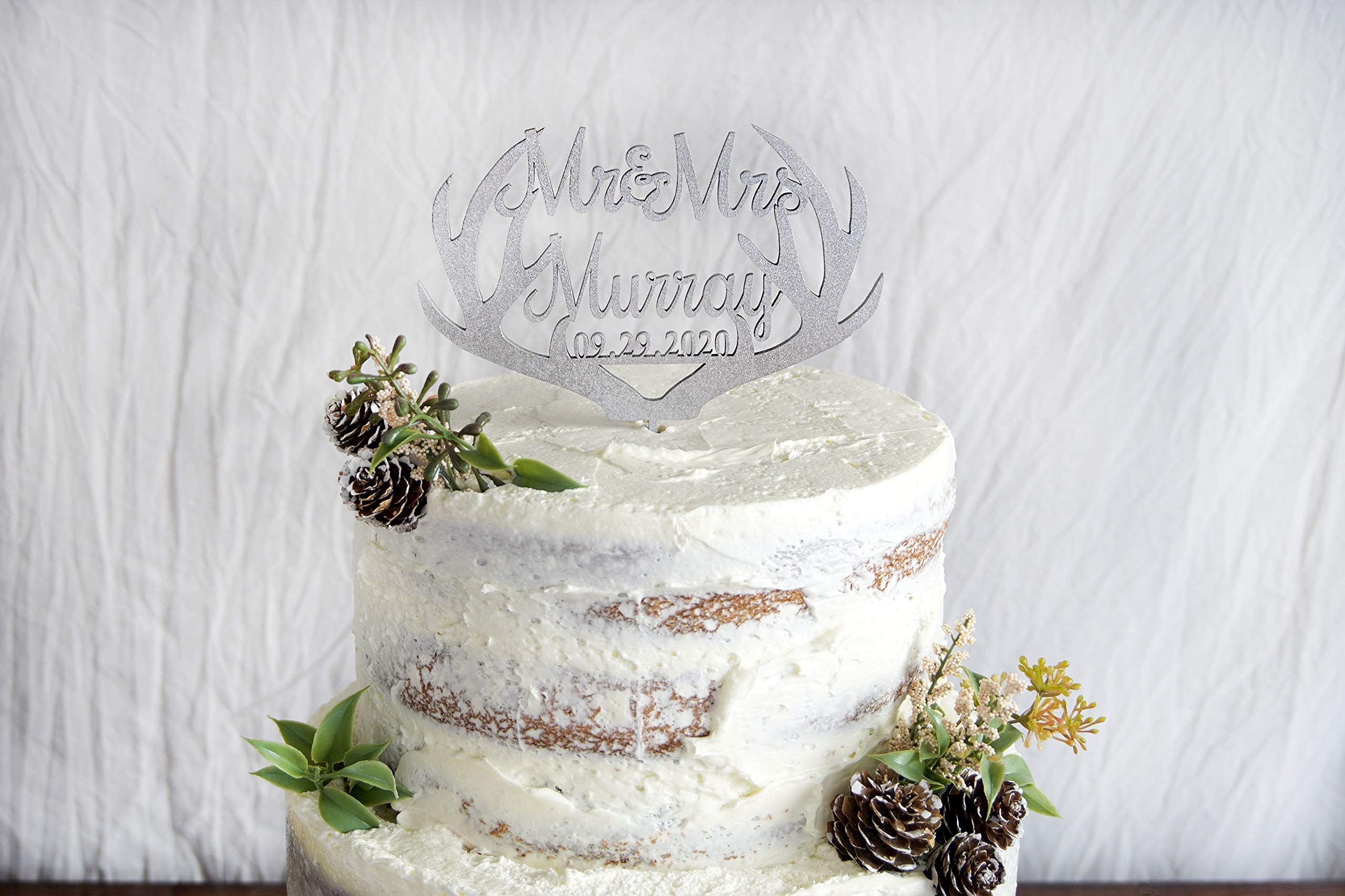 Mr & Mrs Deer Antler Cake Topper - Rustic Calligraphy Wedding Anniversary Cake Decoration - Custom Personalized Cake Topper for Weddings, Anniversaries & Romantic Celebrations