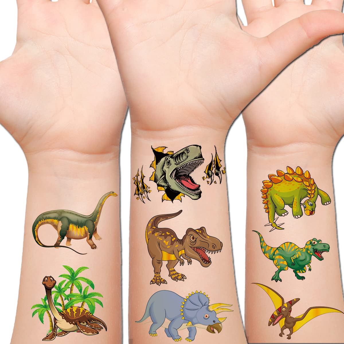 Glitter Dinosaur Temporary Tattoos for Kids - 50 Unique Dino Fake Tattoos for Boys & Girls, Birthday Party Favors, Baby Shower Supplies - Perfect for Costume Parties, Themed Events & Kids' Activities