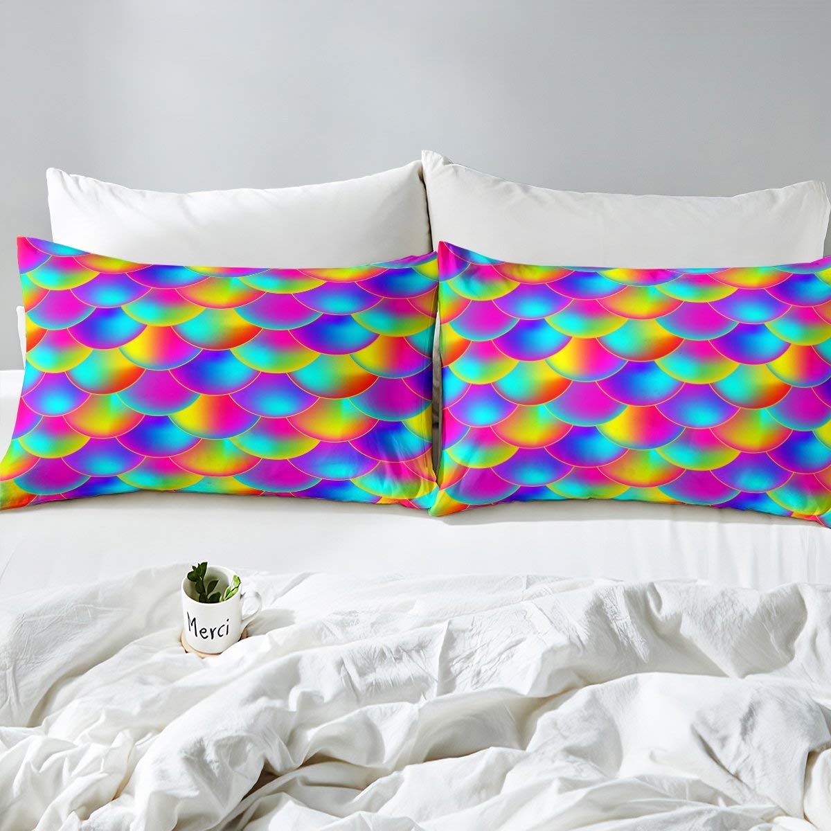 Erosebridal Mermaid Scale Fitted Sheet Set - Twin XL Size Rainbow Seigaiha Pattern Ocean Themed Bedding | Gypsy Style Fish Scale Design for Kids & Girls | Perfect for Bedroom, Dorm Room & Living Room Decor