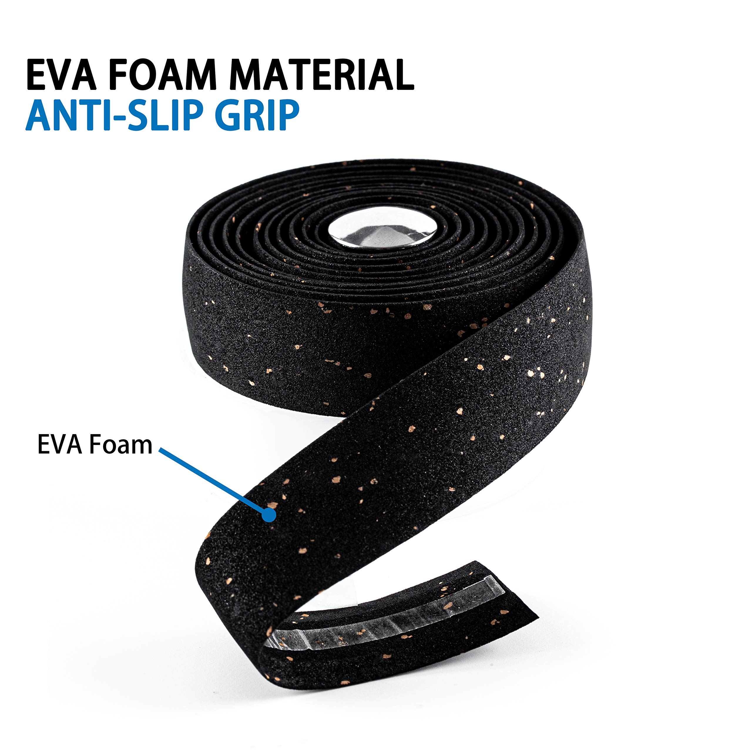 Premium Cork & EVA Bike Handlebar Tape - 2 Rolls Black | Non-Slip Cycling Handlebar Wraps for Road Bikes | Comfortable Grip for Long Distance Riding & Commuting