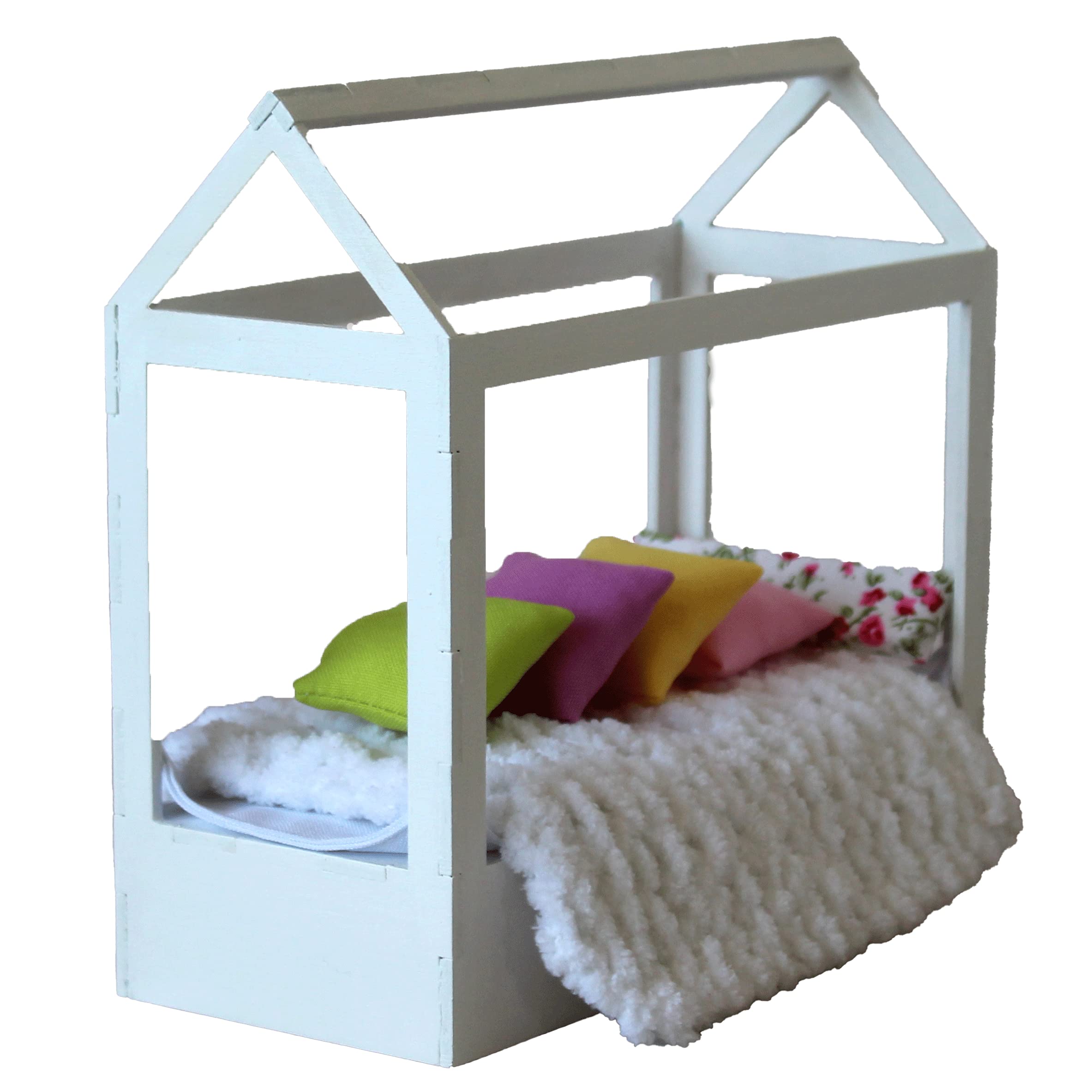 1:12 Scale Miniature Wooden Canopy Dollhouse Bed Frame with Mattress & Pillows for BJD Dolls - Perfect for Dollhouse Decor, Collectibles, and Miniature Scenes