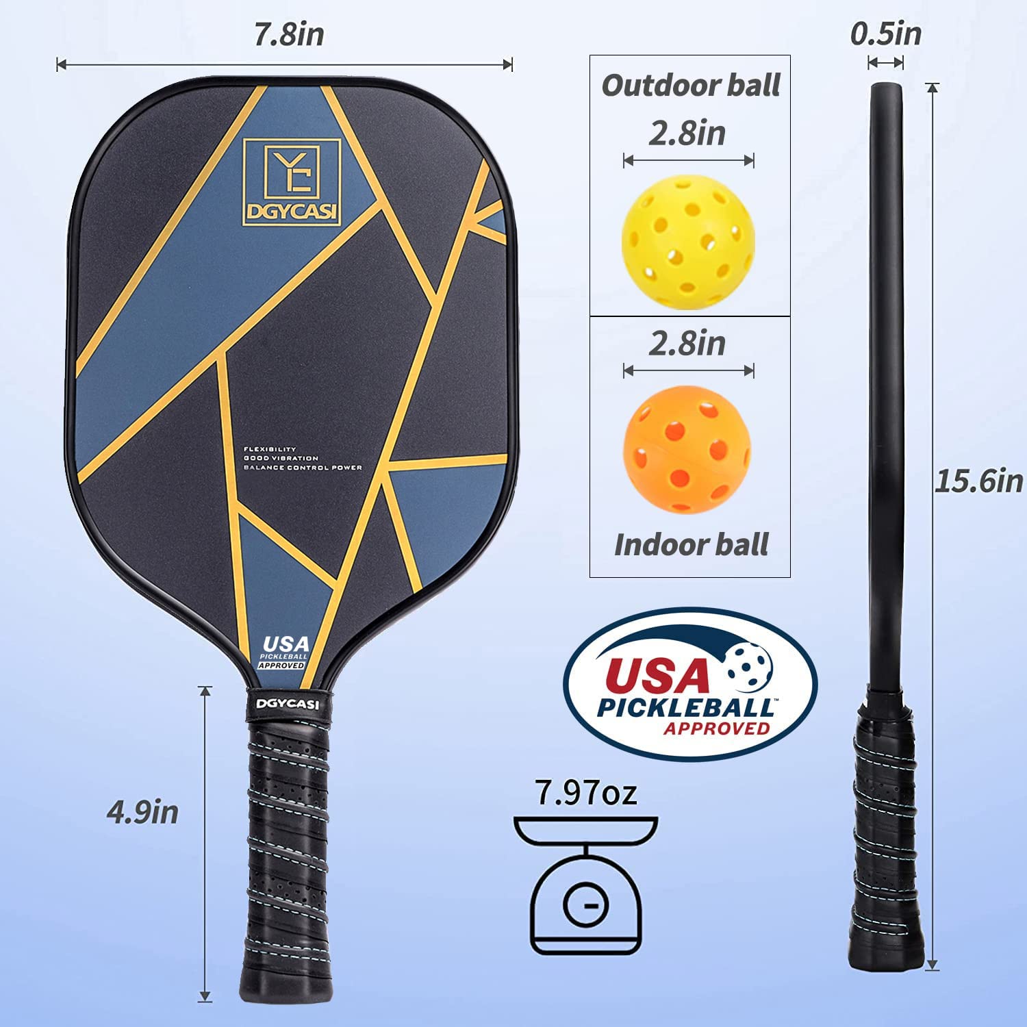 YC DGYCASI Graphite Pickleball Paddles Set of 4 - USAPA Approved 2025 | Carbon Fiber Surface & Lightweight Polypropylene Honeycomb Core | Includes 3 Indoor/Outdoor Balls, 4 Replacement Grips & Carry Bag | Perfect for Recreational Play, Competitive Tournaments & Family Fun