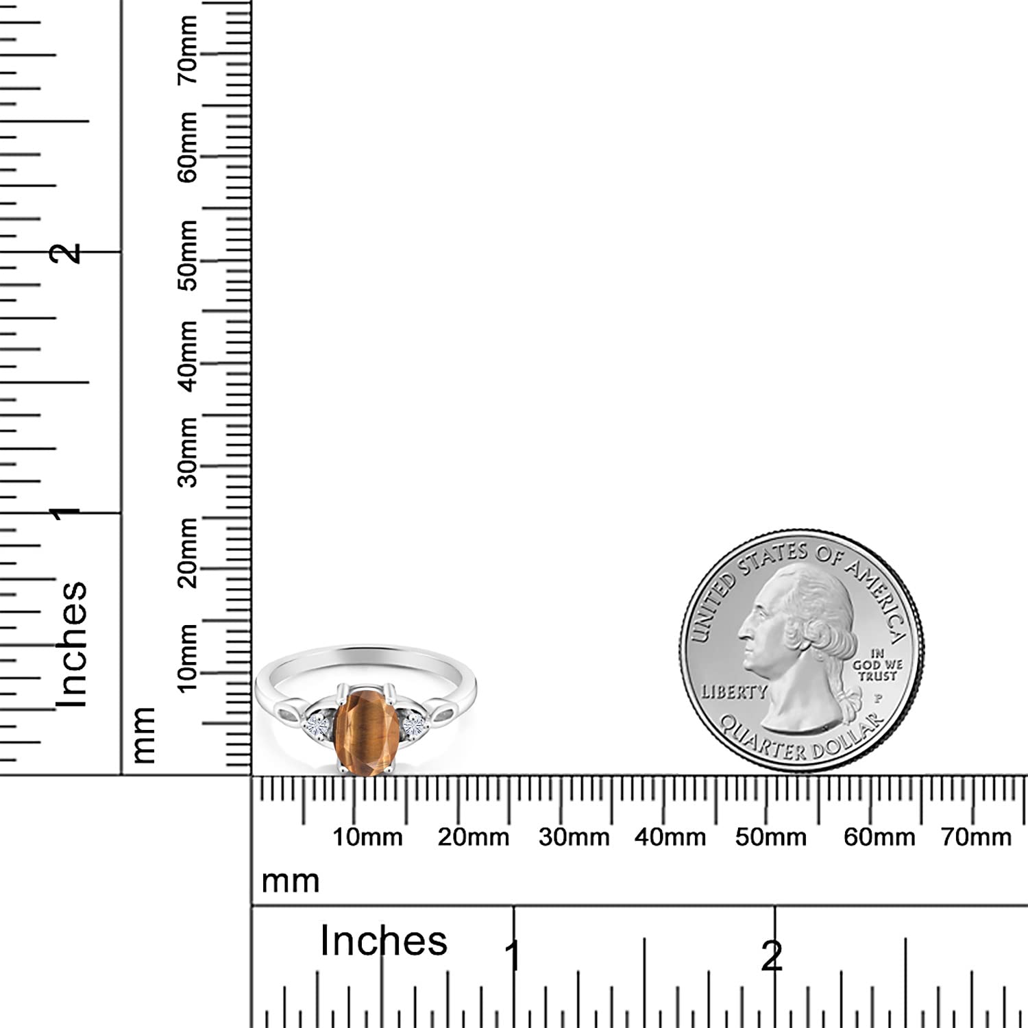 925 Sterling Silver Women's Ring with Brown Tiger Eye & Lab-Grown Diamond (1.33 CTTW, Oval 8x6mm) - Size 5-9 | Elegant 3-Stone Jewelry for Everyday Wear, Gift & Special Occasions