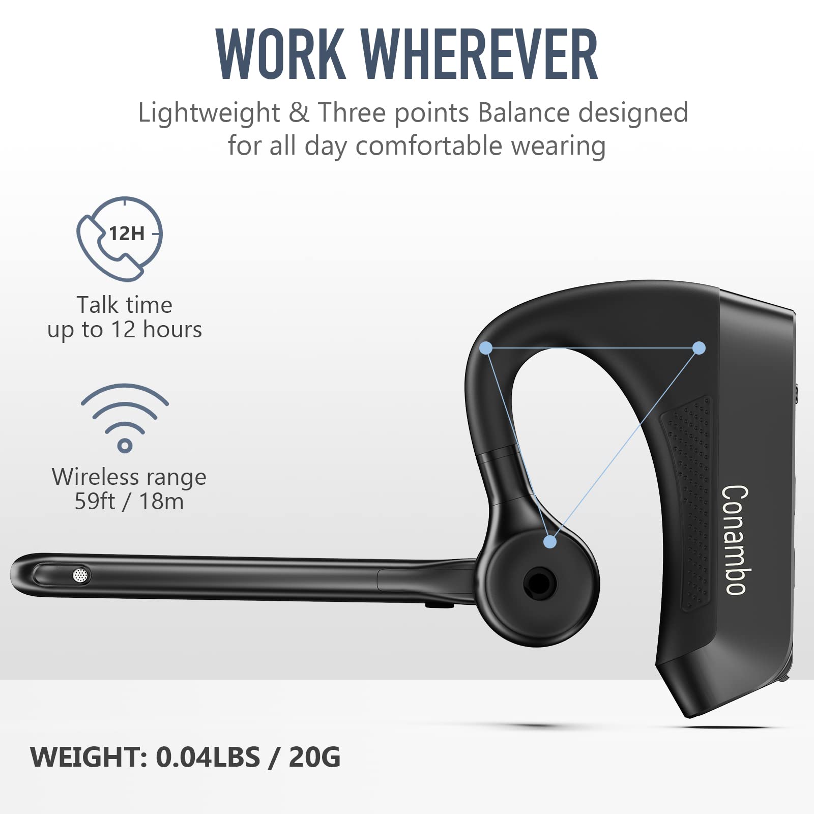 Conambo K21 Bluetooth Headset V5.1 Wireless Earpiece with CVC 8.0 Noise Cancellation, Dual Mic 16Hrs Talk Time for iPhone Android Smartphones - Perfect for Truckers, Office Work, Driving & Online Meetings