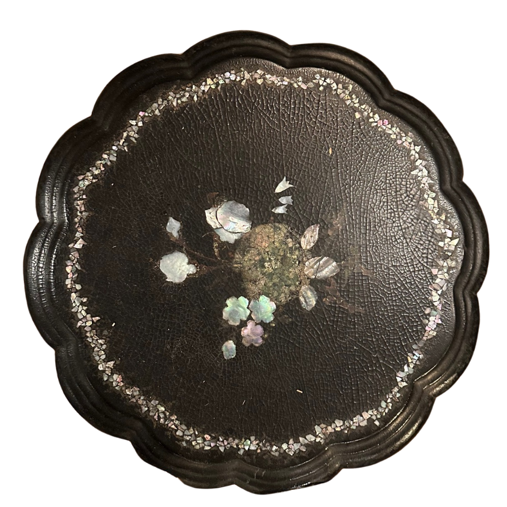 Antique 19th Century Decorative Table with Inlaid Papier Mâché Shell Design - Perfect for Victorian Home Decor & Vintage Interior Styling