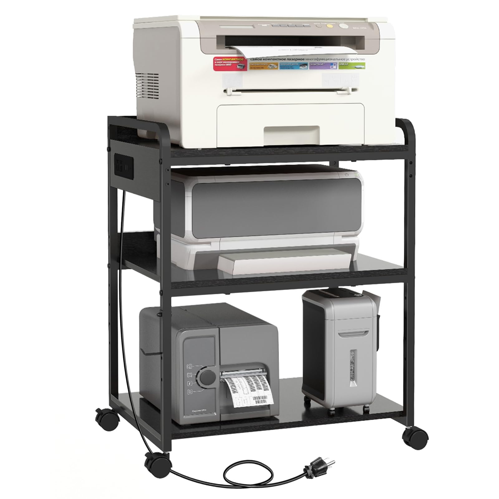 25.2 x 18.9 Inch Large Printer Stand with Wheels & Charging Station - 3 Tier Printer Table with Power Outlet & USB Port - Home Office Organization for Printer, Shredder & Supplies (Black)