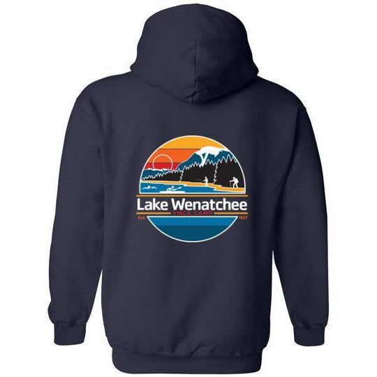 Lake Wenatchee Navy Double-Sided Pullover Hoodie with Lake Logo - Cozy Unisex Sweatshirt for Outdoor Adventures & Casual Wear