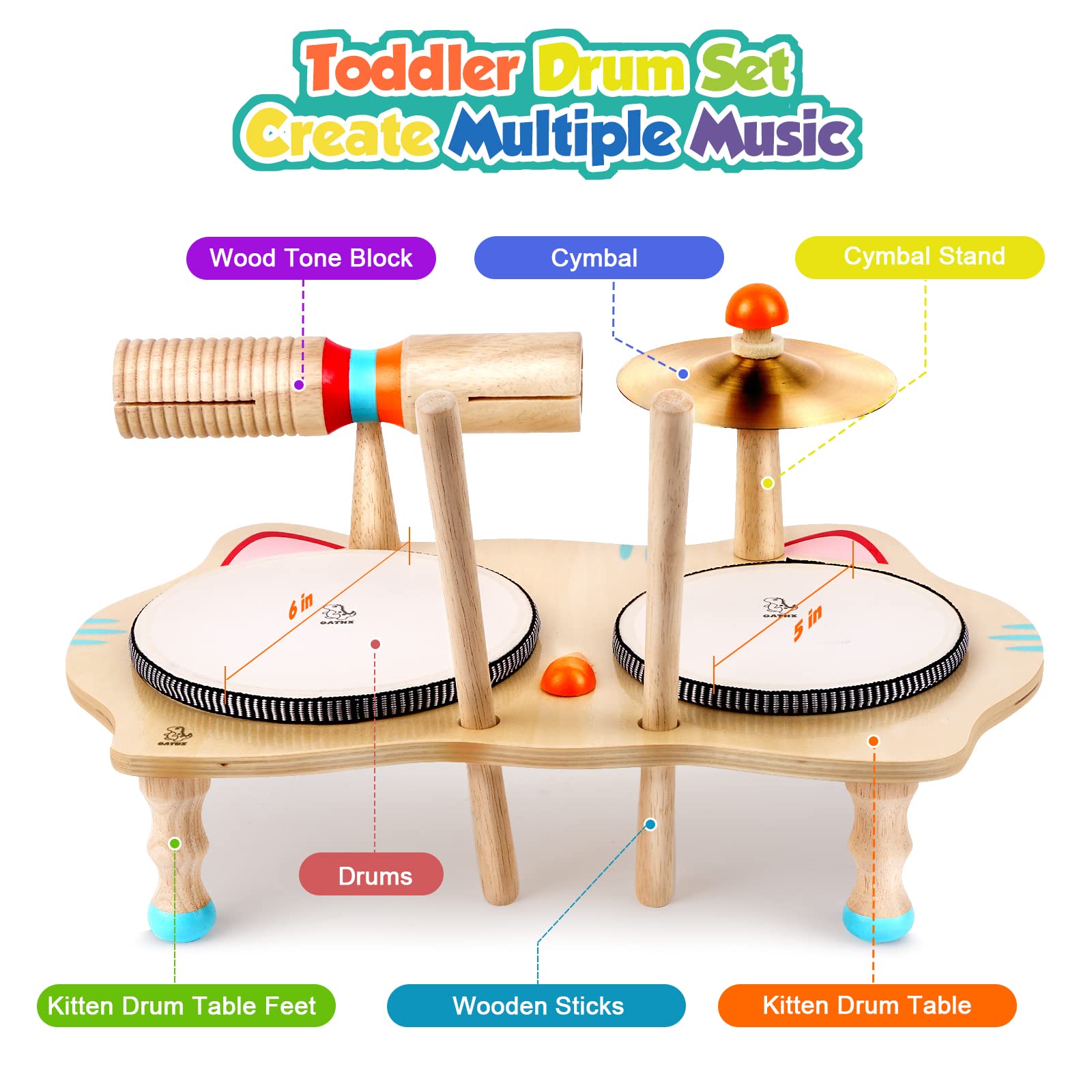 Oathx Kids Drum Set - All-in-One Montessori Musical Instruments for Toddlers, Natural Wooden Sensory Toys for Babies - Perfect Birthday Gift for Girls & Boys | Ideal for Early Learning, Playtime & Music Exploration
