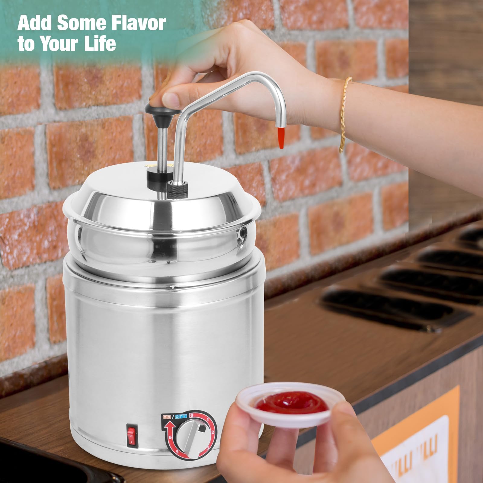 Commercial Electric Hot Fudge Dispenser with Temperature Control - 7QT Round Nacho Cheese Warmer with Stainless Steel Pot & Pump - Perfect for Buffets, Cake Shops, Restaurants & Home Kitchens - 110V/200W - Ideal for Melting Chocolate, Serving Cheese Fondue & Keeping Sauces Warm