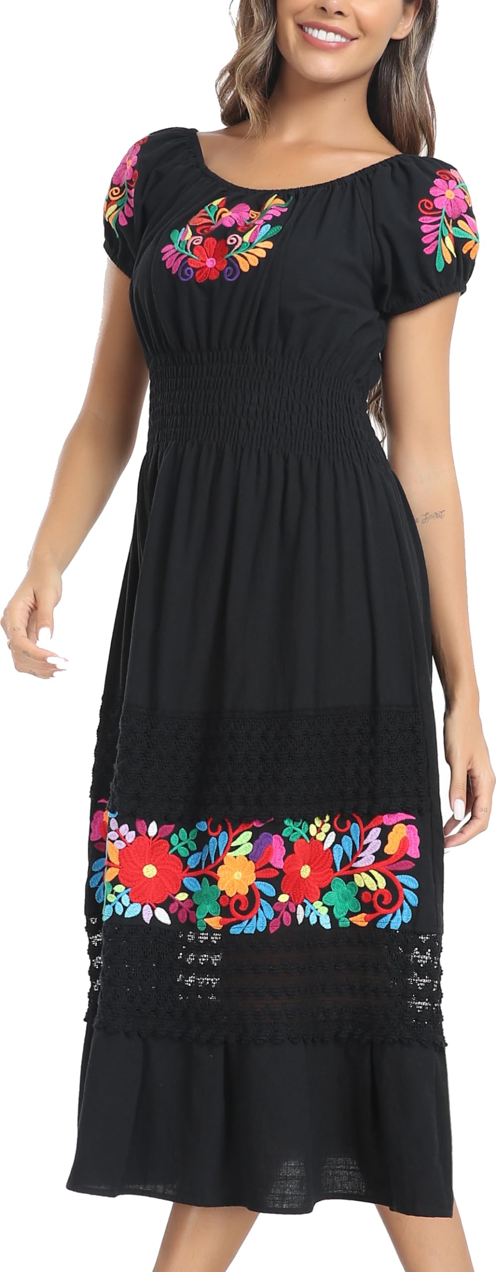 YZXDORWJ Women's Mexican Floral Embroidered Lace Ruffle Maxi Dress - Boho Summer Beach Dress for Vacation, Party & Casual Wear