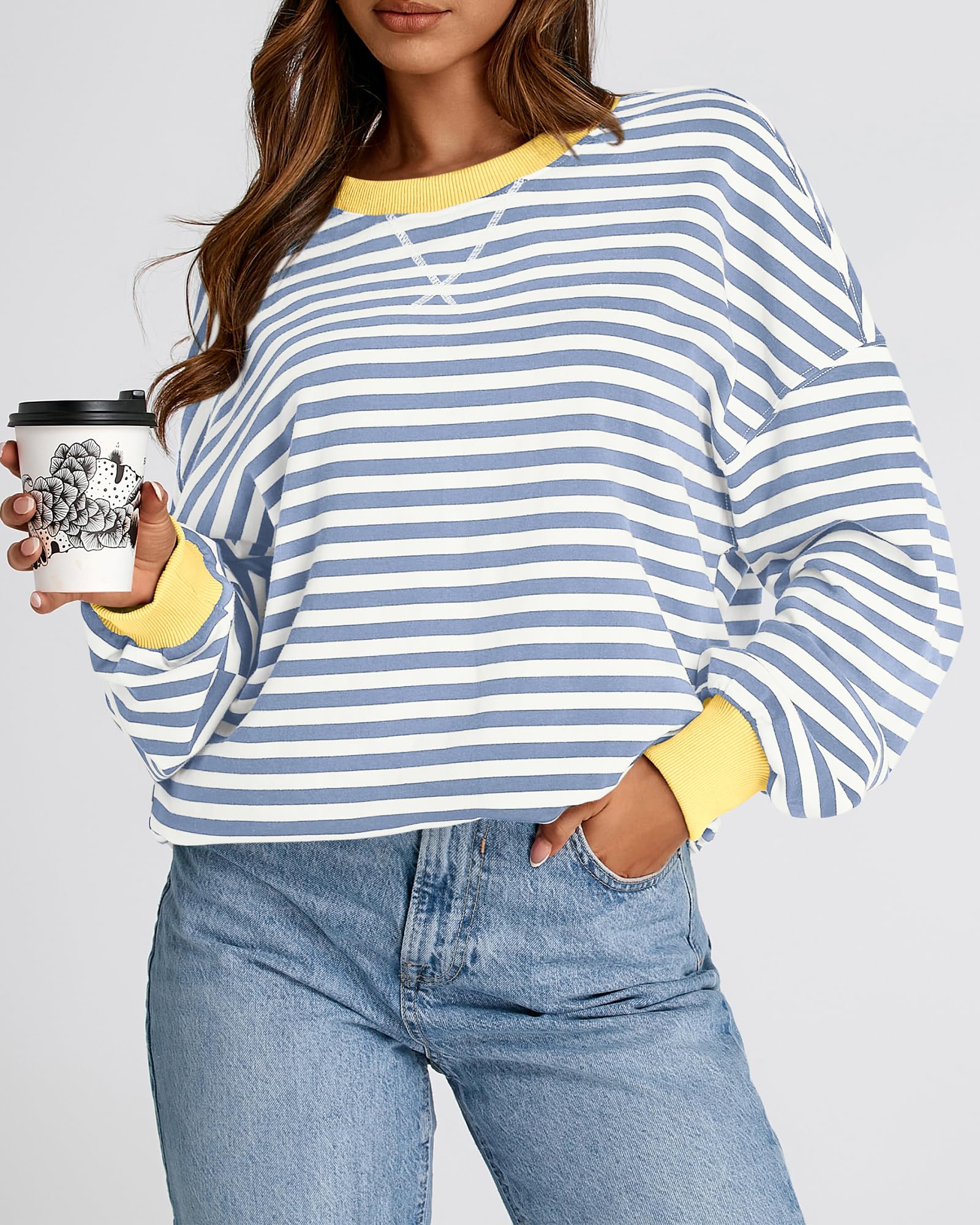 BTFBM Women's Striped Pullover Sweatshirt - Soft Long Sleeve Crewneck Y2K Loose Fit Top for Fall 2025 | Trendy Casual Outfit for Streetwear, College, and Weekend Hangouts