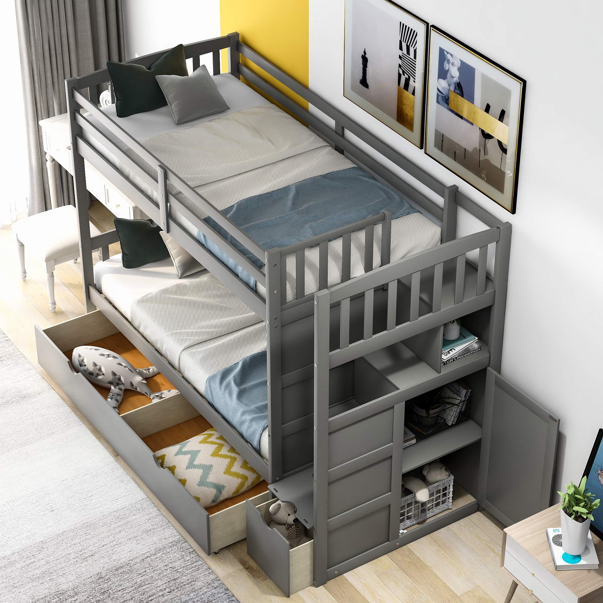 Twin Over Full Bunk Bed with Storage Shelves & Drawers - Convertible Bottom Bed, No Box Spring Needed, Space-Saving Kids Bedroom Furniture (Gray) - Perfect for Small Rooms, Shared Kids' Bedrooms & Guest Rooms