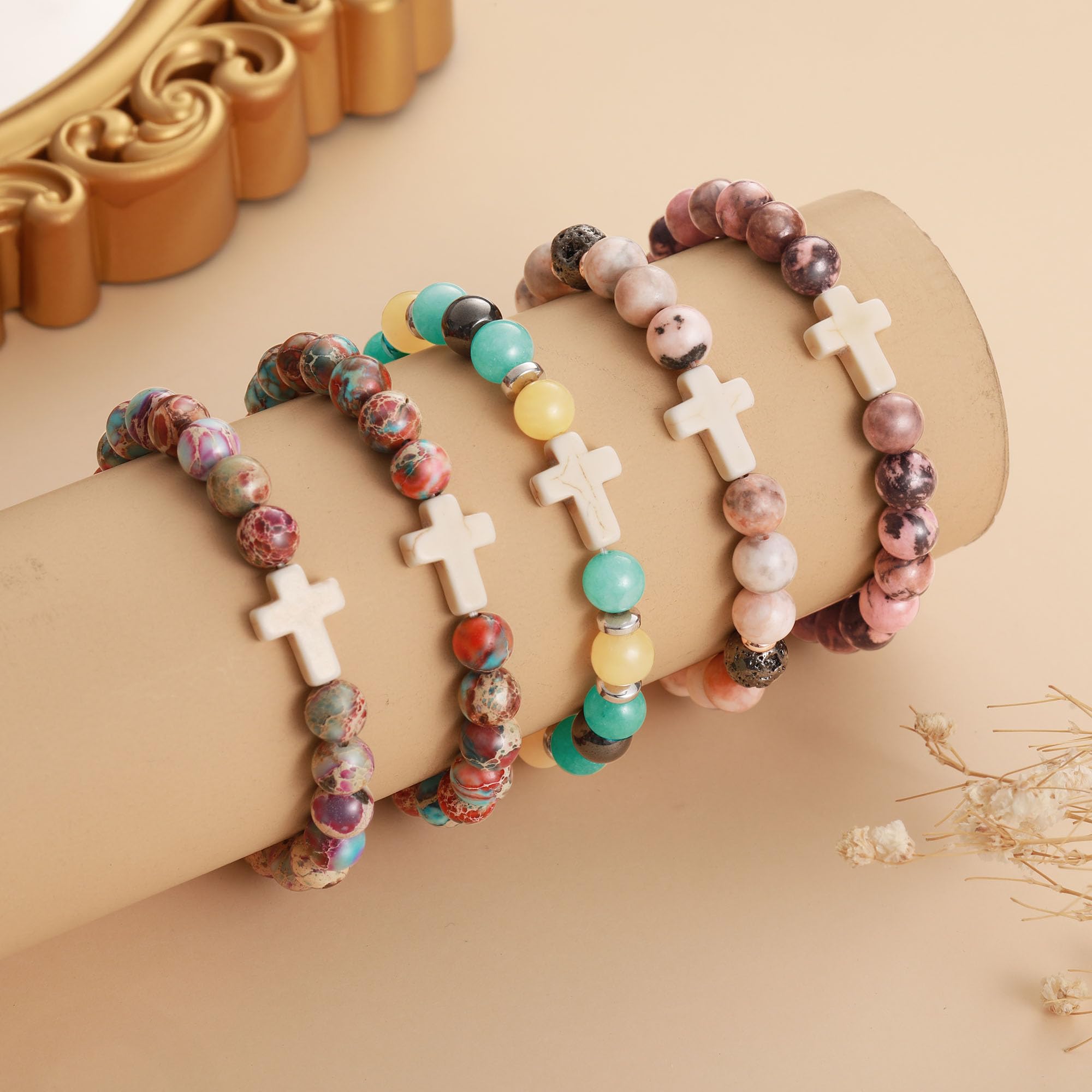 JSJOY Natural Stone Beaded Bracelet - Christian Cross Jewelry Gift for Women & Girls (Age 6-80) | Birthday, Easter, Mother's Day Present for Daughter, Granddaughter, Niece, Mom, Sister | Faith-Based Accessory for Daily Wear & Special Occasions