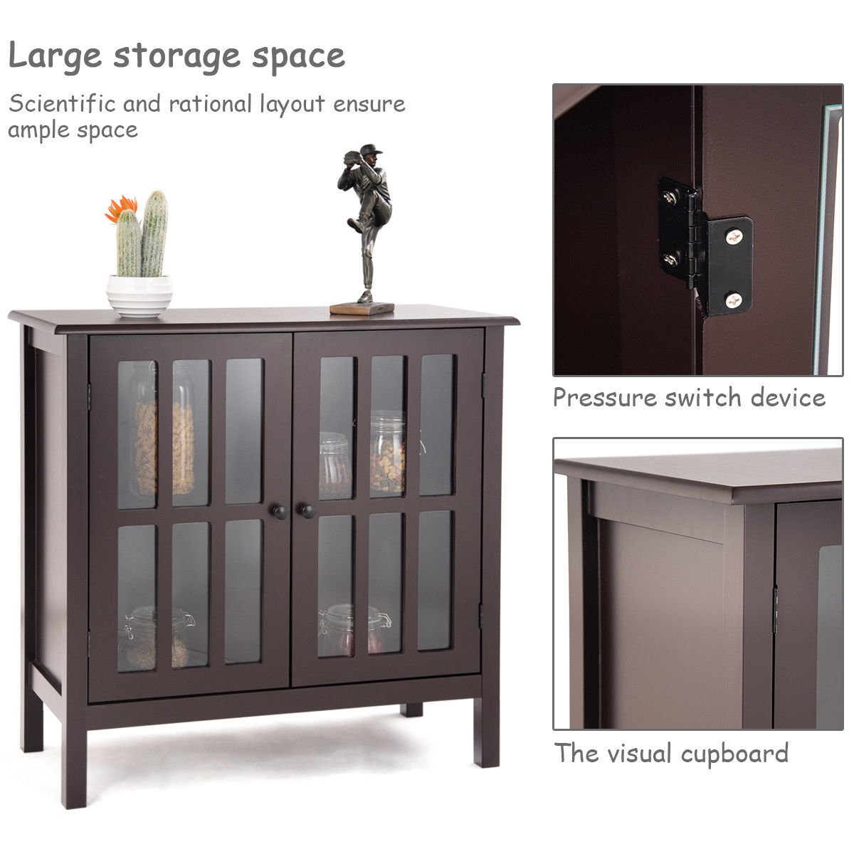 Brown Storage Buffet Cabinet with Glass Doors - Sideboard Console Table for Dining Room, Living Room Display & Storage - Perfect for Showcasing China, Glassware & Home Decor