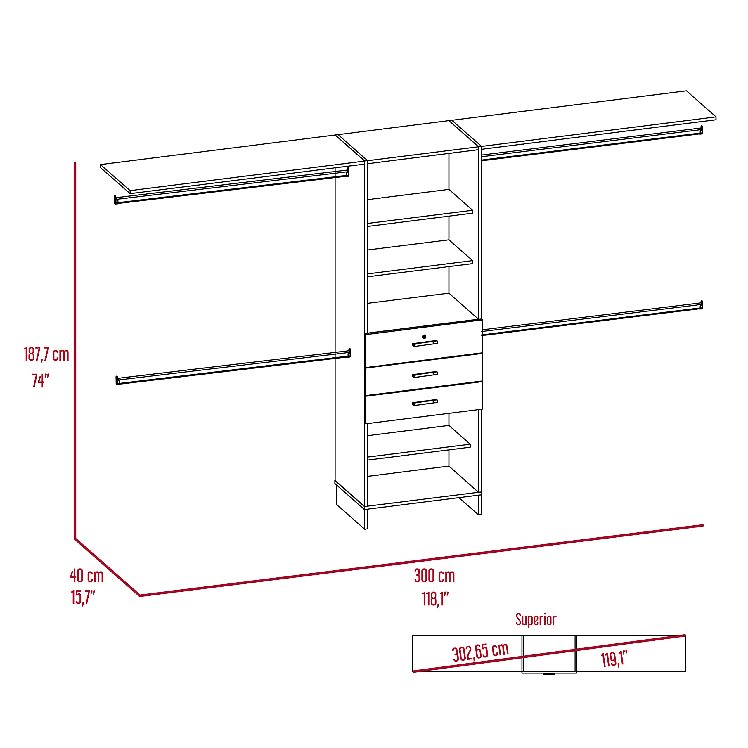 Zamora 69-118 Inch Walk-In Closet Organizer System with 4 Hanging Rods, 3 Drawers & 5 Shelves - Dark Walnut Finish for Bedroom Storage & Wardrobe Organization