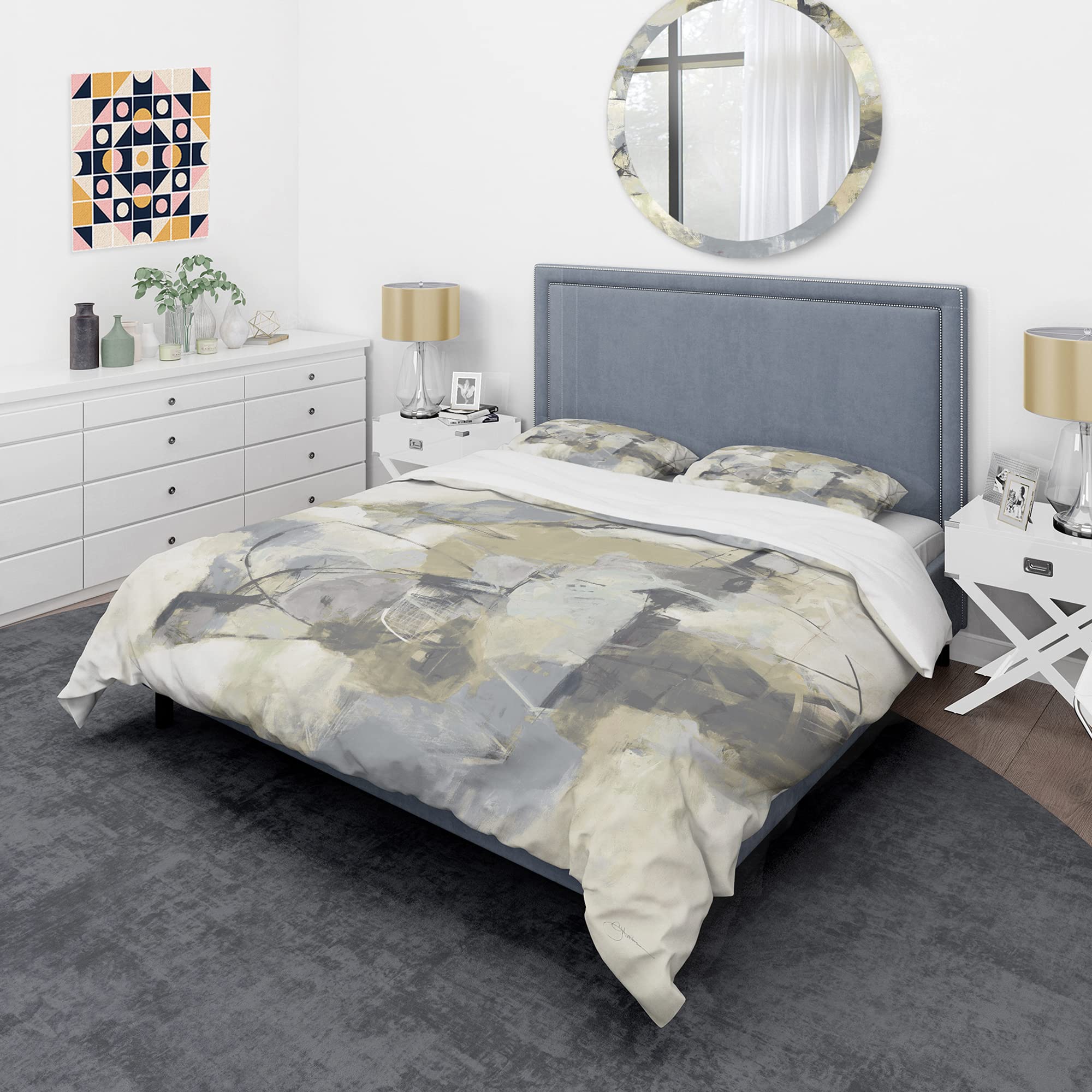 Glam Cream Dream Duvet Cover Set King - Grey Abstract Bedding for Modern Bedrooms