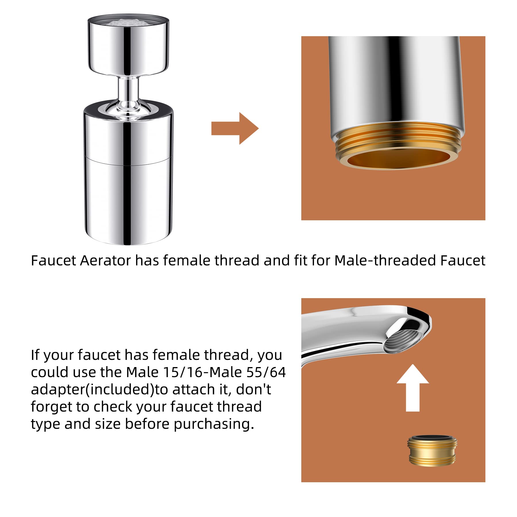 360 Degree Swivel High Pressure Kitchen Faucet Aerator - 55/64 Inch Female Thread Chrome Finish for Big Angle Large Water Flow - Perfect for Dishwashing and Food Prep in Modern Homes