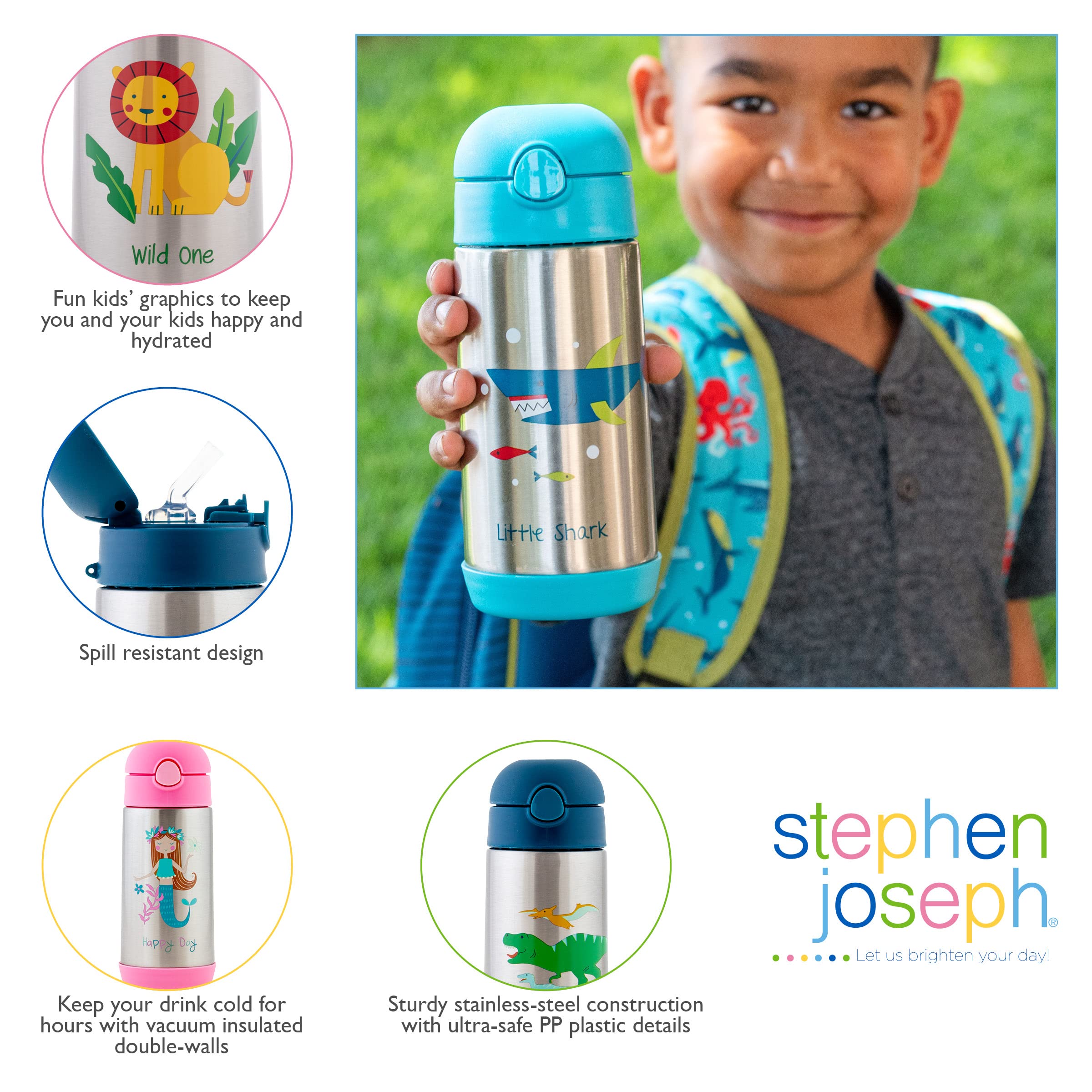 Stephen Joseph Double Wall Stainless Steel Water Bottle for Kids - 11.8oz Vacuum Insulated BPA-Free Toddler Bottle with Straw | Leakproof & Durable | Perfect for School, Travel & Outdoor Activities | SJ1212