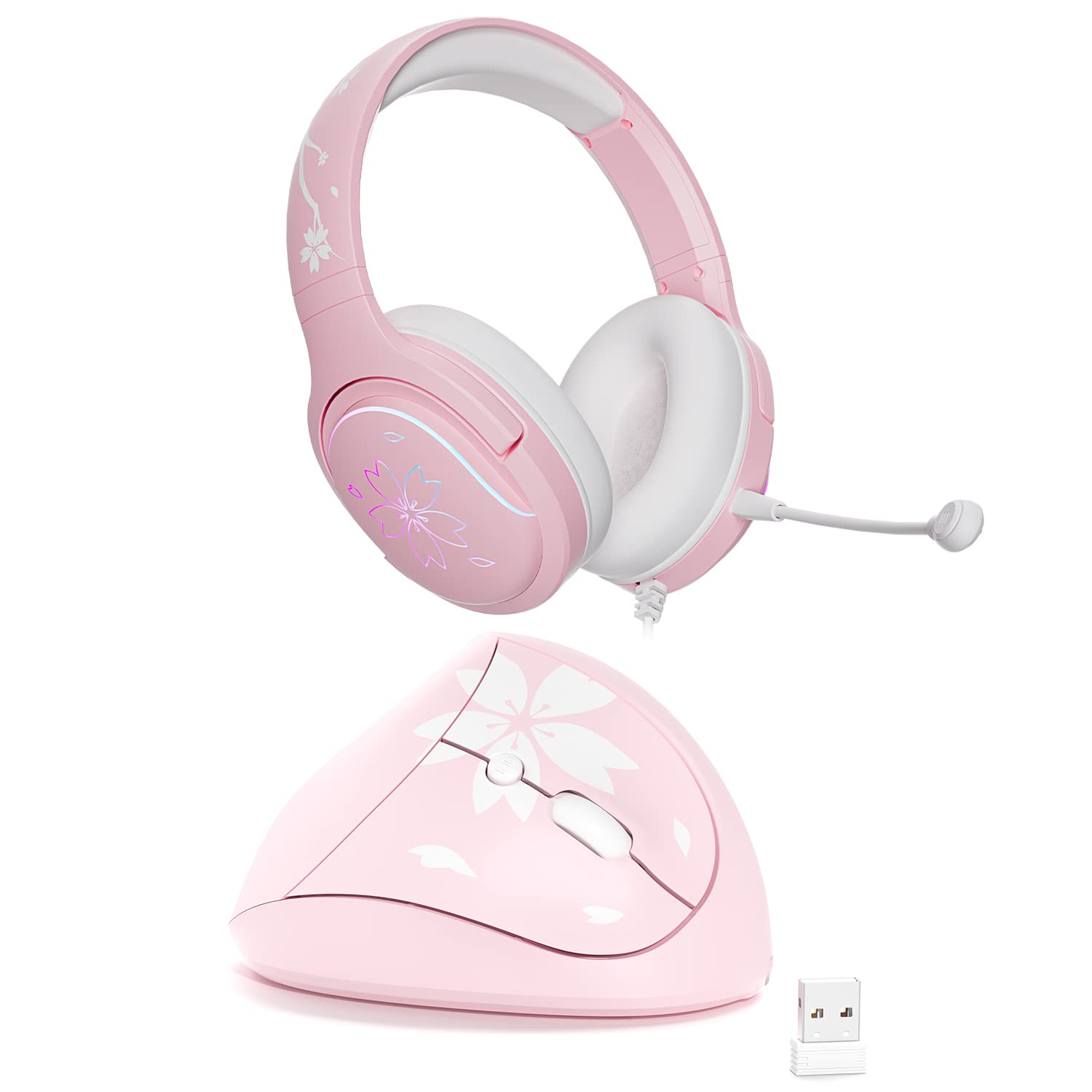 Mytrix Sakura Gaming Headset with Noise Cancellation & Wireless Ergonomic Vertical Mouse for PC, PS5, Xbox - Perfect for Gaming, Streaming, and Office Work