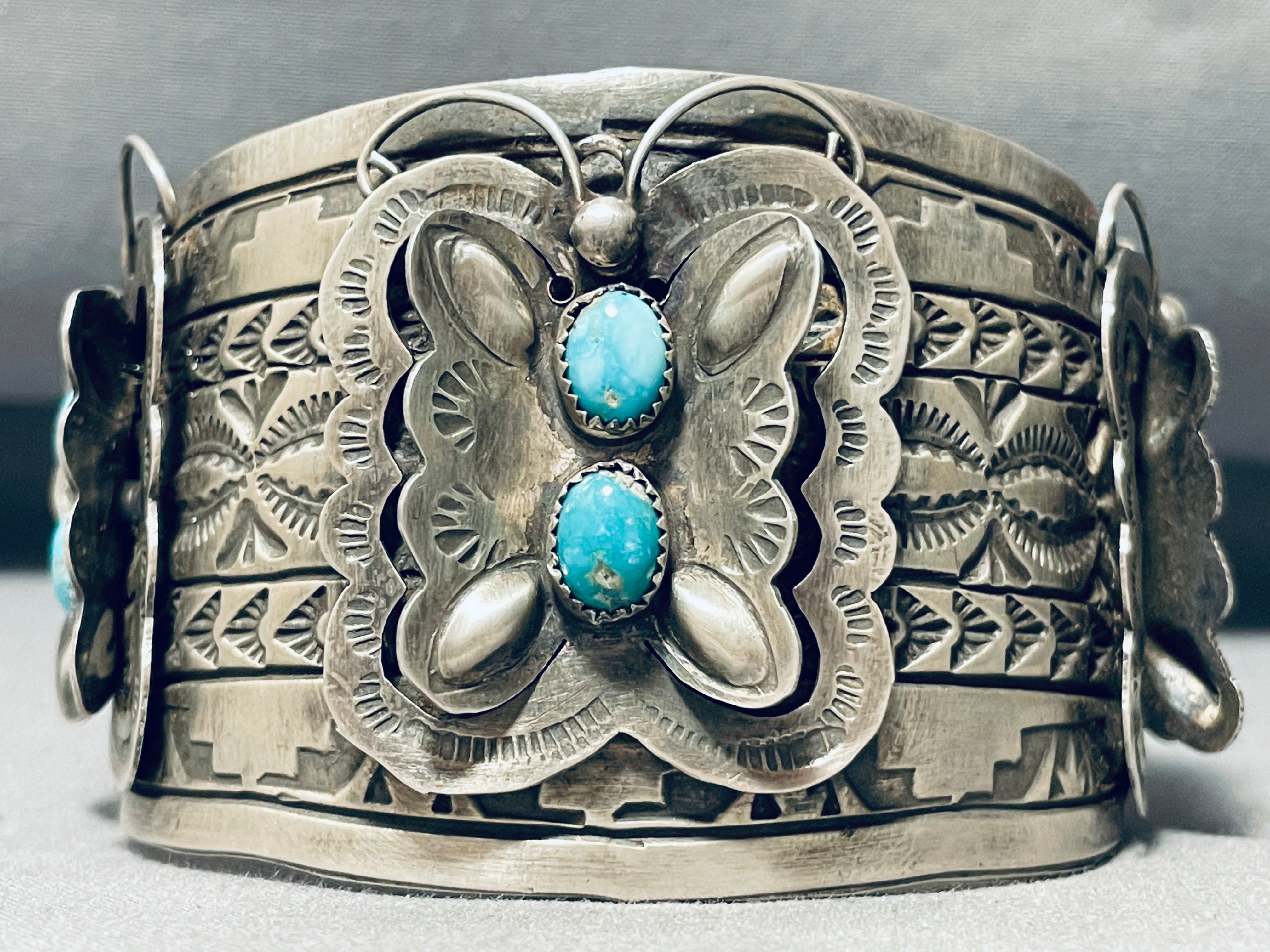 123 Gram Stunning Navajo Turquoise Sterling Silver Butterfly Bracelet - Perfect for Boho Fashion, Gift Giving & Special Occasions