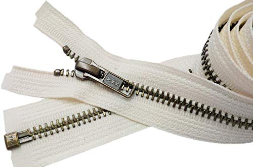 YKK® #5 Antique Brass Metal Teeth Separating Jacket Zippers - Snow White #841 - Made in USA - Custom Length (10 inches) - Perfect for DIY Crafts, Jacket Repairs, and Fashion Design Projects