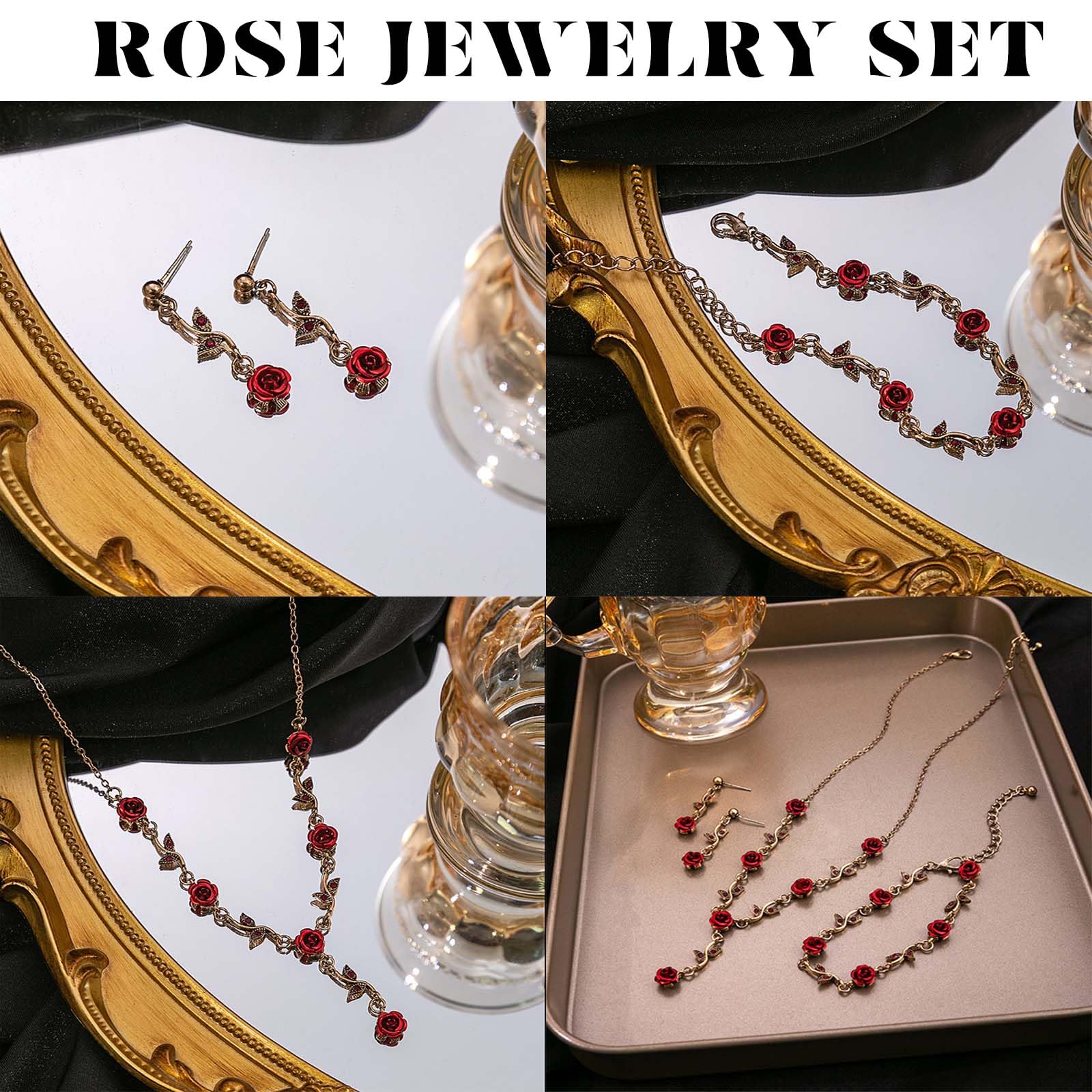 Vintage Rose Flower Jewelry Set for Women - 3Pcs Red Rose Necklace, Earrings & Bracelet - Elegant Bridal Wedding, Prom, Valentine's Day Gift - Perfect for Anniversary, Birthday Party & Special Occasions