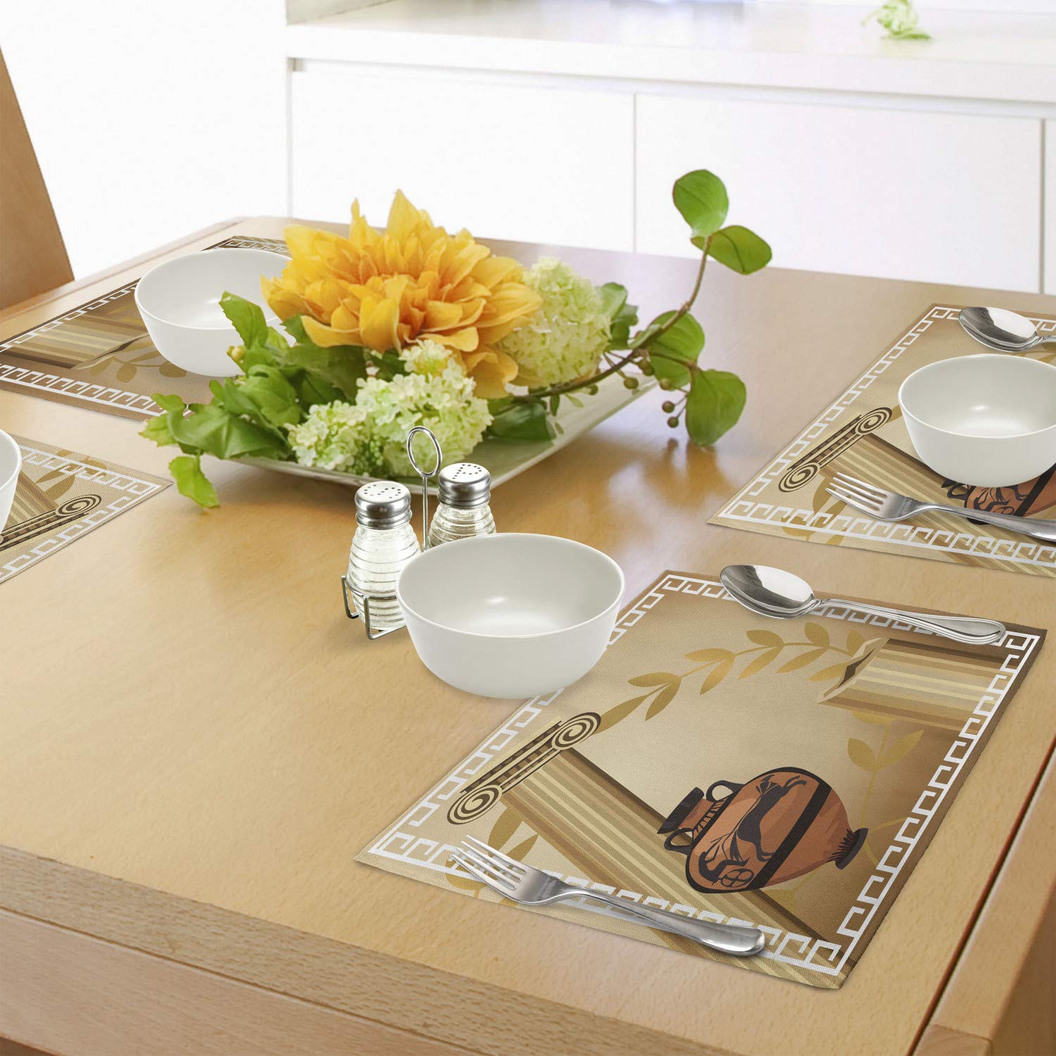 Ambesonne Retro Placemats Set of 4 - Antique Greek Columns & Olive Branch Design, Washable Fabric Dining Table Mats for Kitchen & Dining Room Decor in Pale Brown & White | Perfect for Dinner Parties, Holiday Meals & Mediterranean-Themed Events