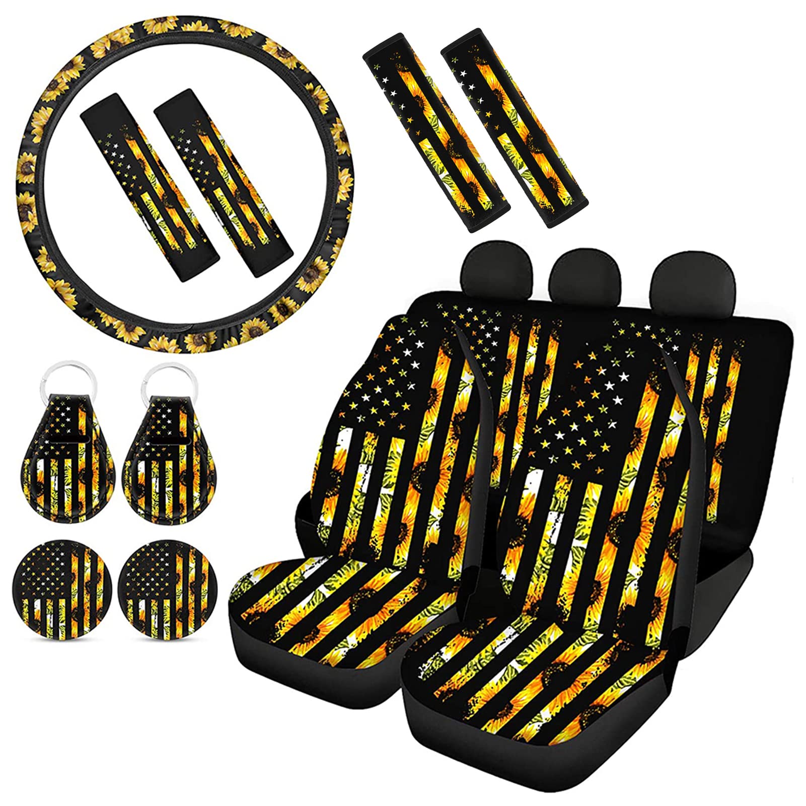 American Flag Sunflower Car Seat Covers Set with Steering Wheel Cover - USA Patriotic Sunflower Design for Women & Men - Perfect for Trucks, SUVs, and Cars