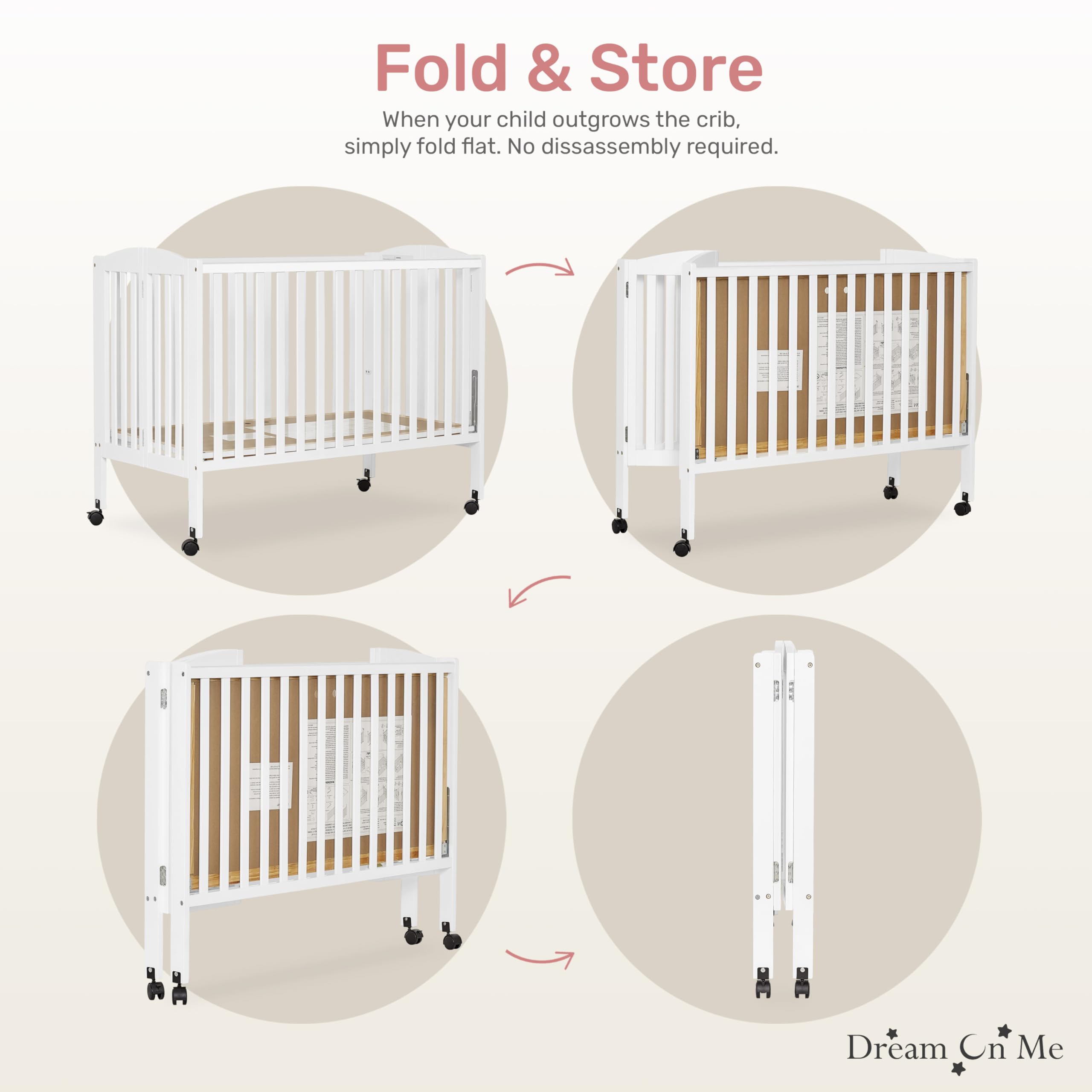 Dream On Me 2-in-1 Convertible Baby Crib - Full Size White Nursery Crib with Locking Wheels, Foldable Design for Space Saving Storage, Includes Teething Guard & Non-Toxic Finish - Perfect for Newborns, Toddlers & Small Bedrooms