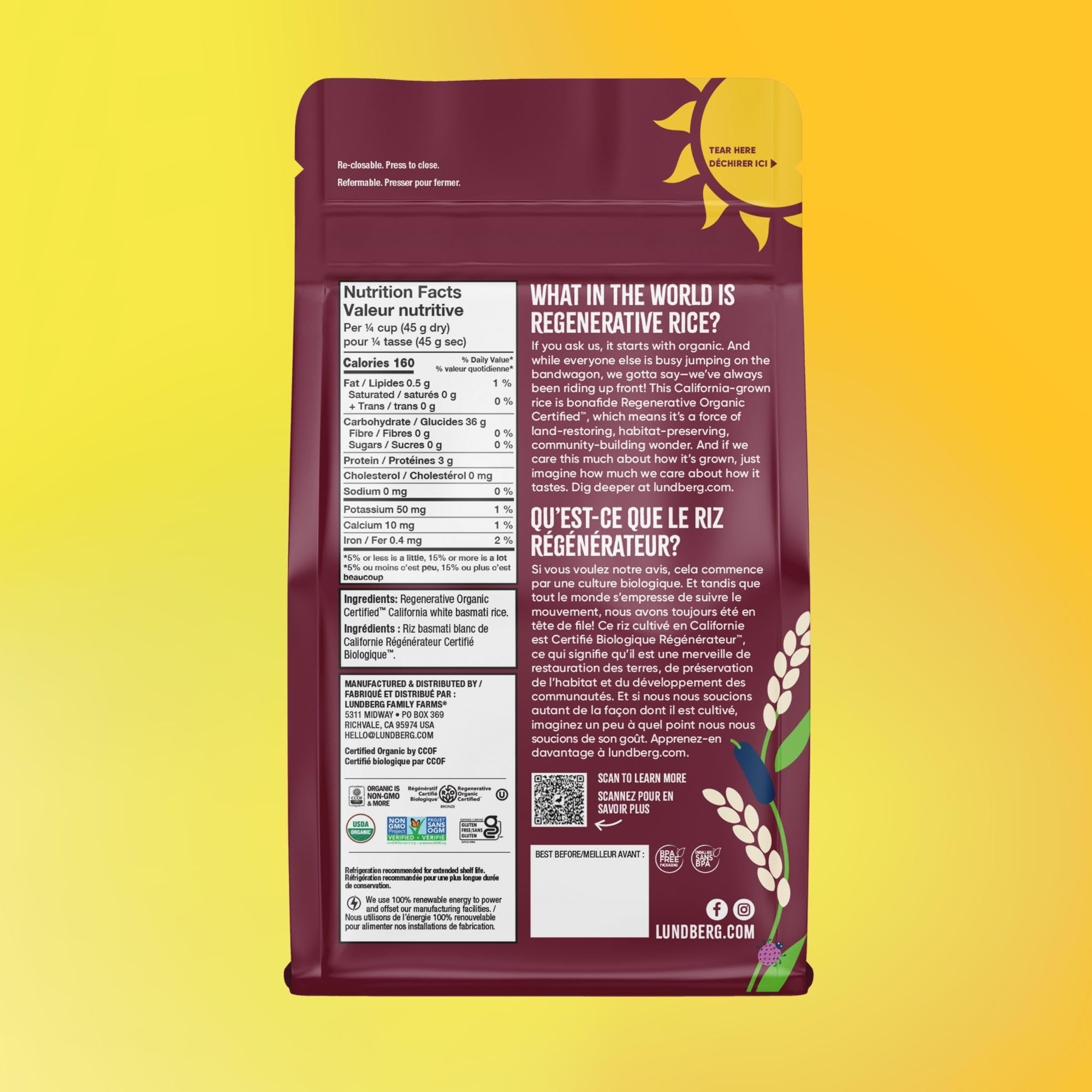 Lundberg Organic Basmati Rice - USDA Certified Long Grain White Rice, Fluffy & Aromatic, Gluten Free, Resealable 32oz Bag | Perfect for Indian Cuisine, Meal Prep & Healthy Cooking