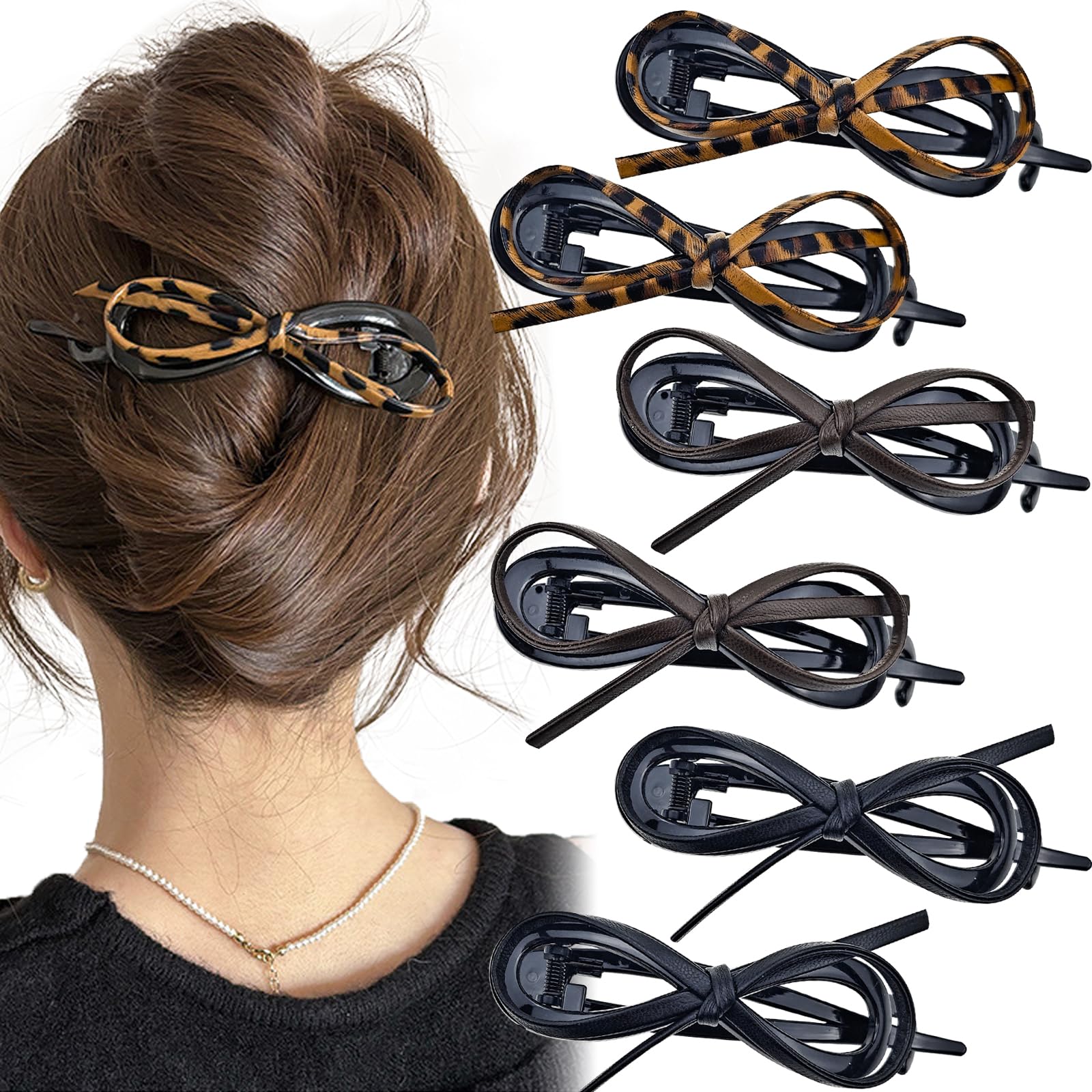 6PCS Leather Bow Hair Clips - Fashionable Bowknot Ponytail Holders for Women & Girls, Duckbill Hair Accessories for Weddings, Parties & Daily Styling