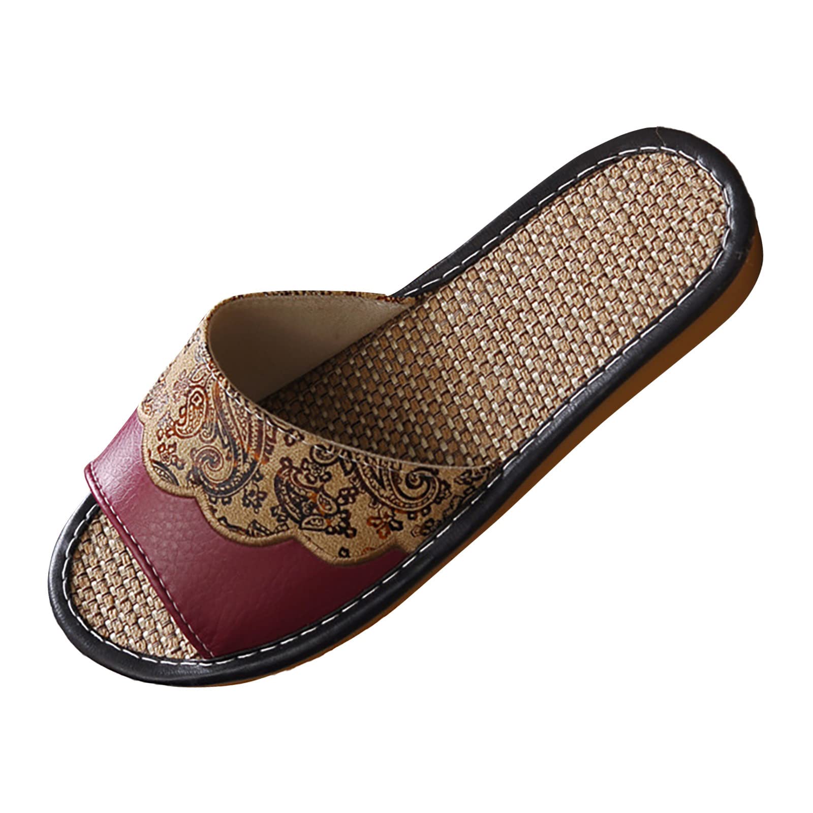 Women's European Style Velvet Printed Linen Leather Slippers - Size 8 (US 7.5) - Spring Summer Indoor House Shoes for Wooden Floors - Wine Red - Perfect for Home, Lounge & Relaxation