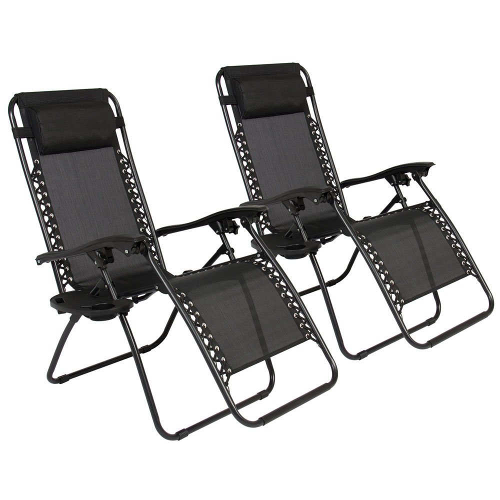 HomVent 2PC Zero Gravity Lounge Chair - Adjustable Reclining Patio Chair with Cup Holder & Pillows, Foldable Outdoor Relaxation Chair for Deck, Backyard, Beach, Poolside & Camping (Black)
