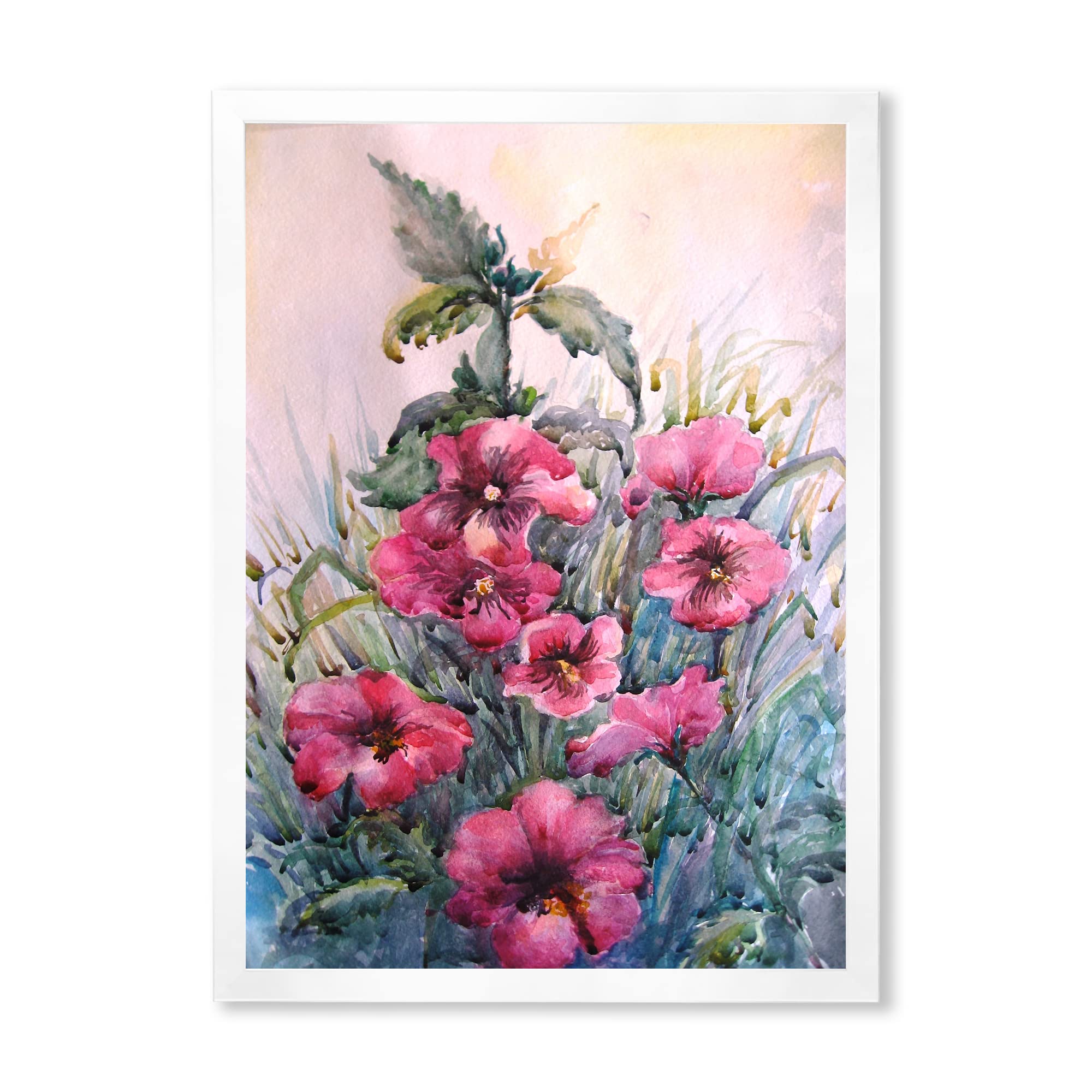 DesignQ Blossoming Hibiscus In The Wild Traditional Framed Wall Art - Tropical Floral Canvas Painting for Living Room, Bedroom & Office Decor
