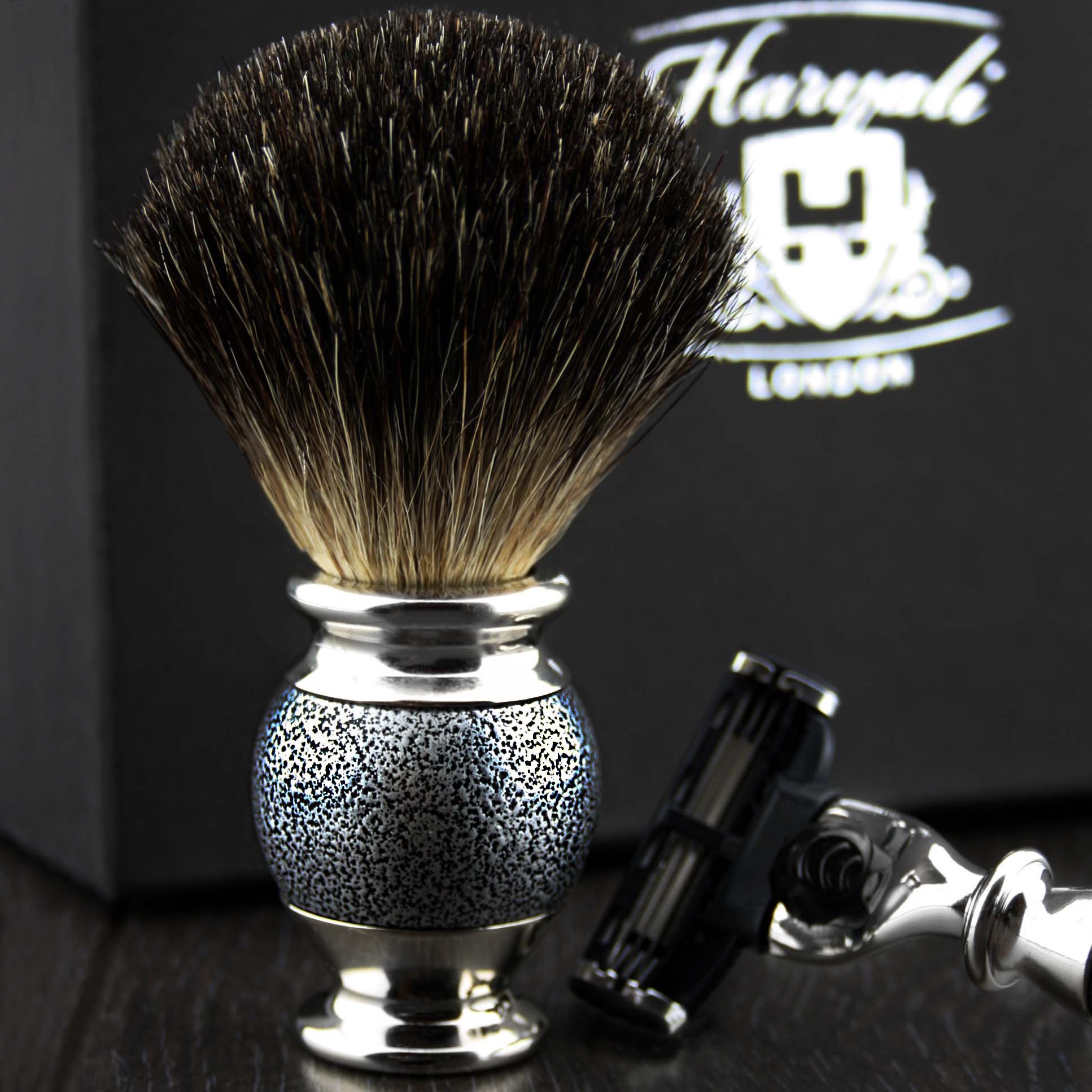 Premium 3-Blade Shaving Razor with Black Badger Hair Brush & Stainless Steel Stand - Complete Men's Grooming Kit for Sensitive Skin - Perfect for Travel, Home Use & Gift Giving