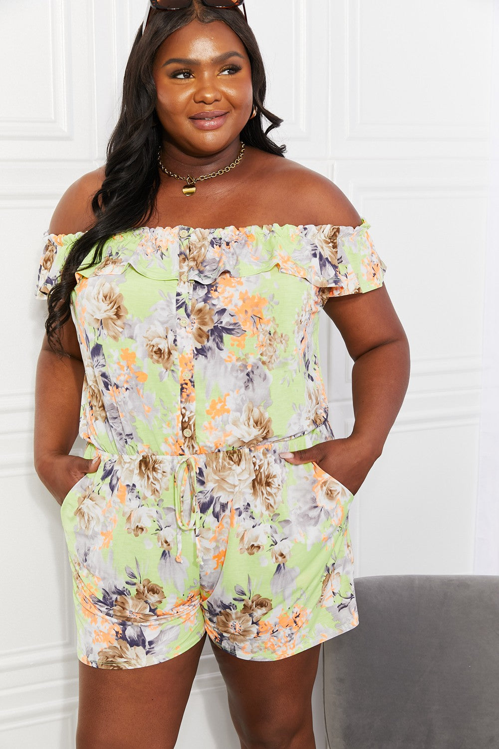 Floral Off Shoulder Romper for Women - Summer Casual Jumpsuit with Pockets | Perfect for Beach, Vacation & Outdoor Activities