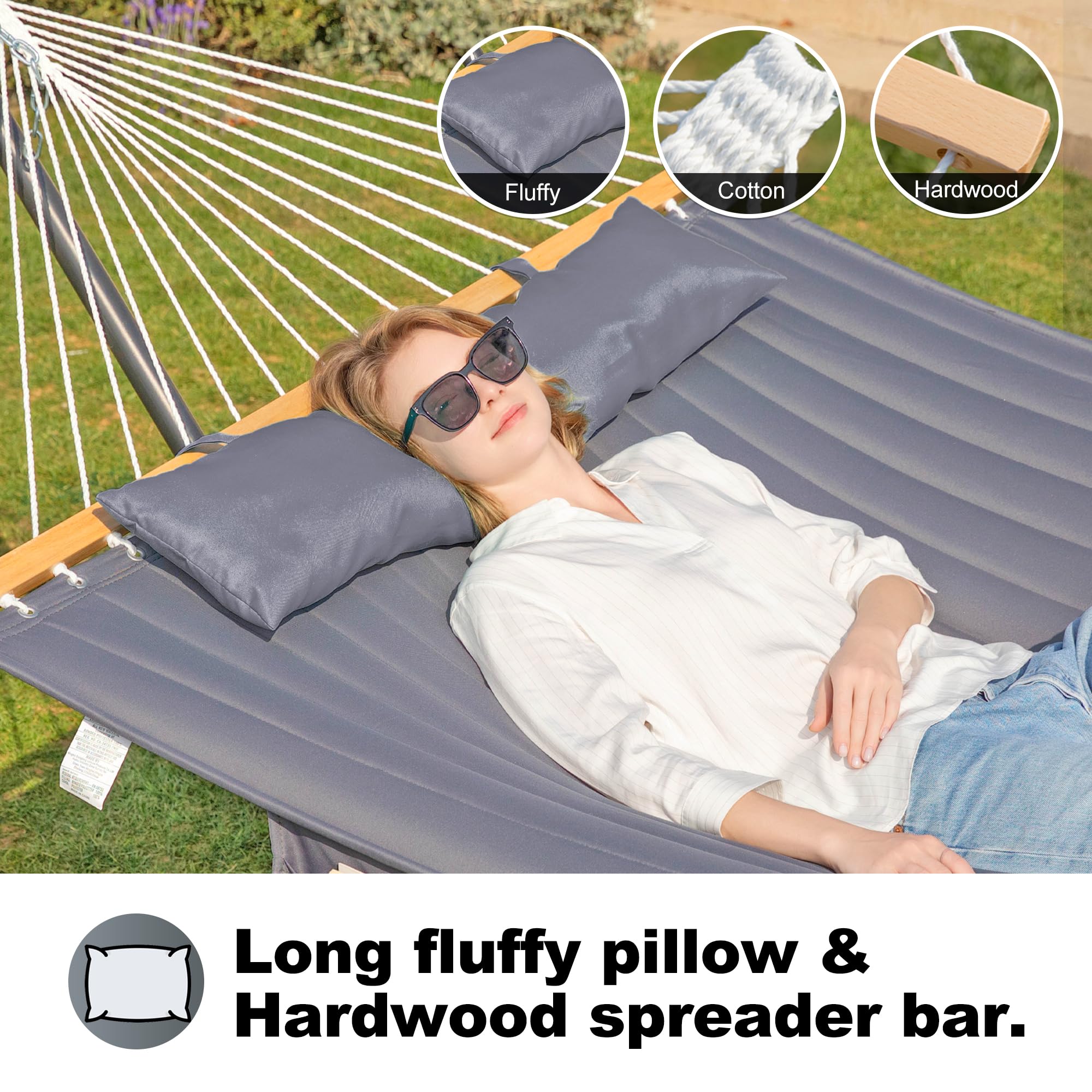 2 Person Hammock with Stand for Outdoor Camping & Backyard Relaxation - 12ft Heavy Duty Steel Frame, Double Hammock with Hardwood Spreader Bar - Includes Large Removable Pillow & Side Pockets - Supports 475 lbs - Perfect for Patio, Garden, Beach & Travel (Light Gray)