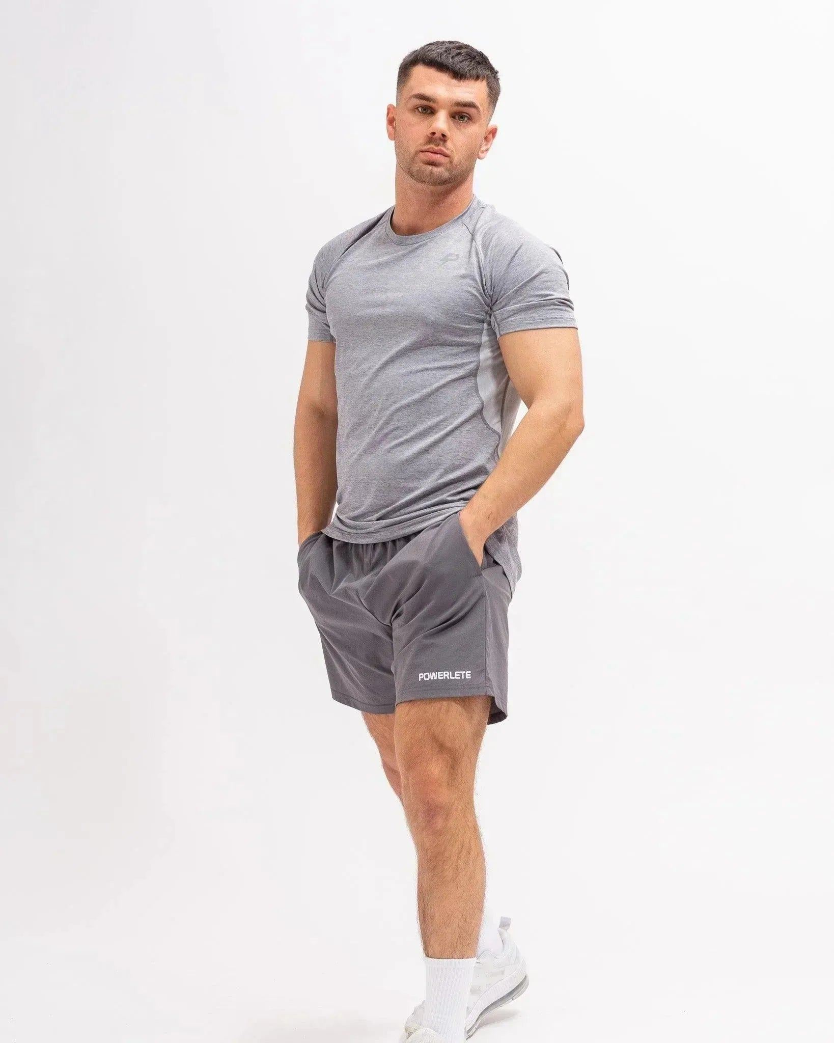 Powerlete Evolve Men's Workout Shorts - Lightweight, Breathable Gym Shorts for Running, Training & Fitness - Grey Athletic Shorts for Men